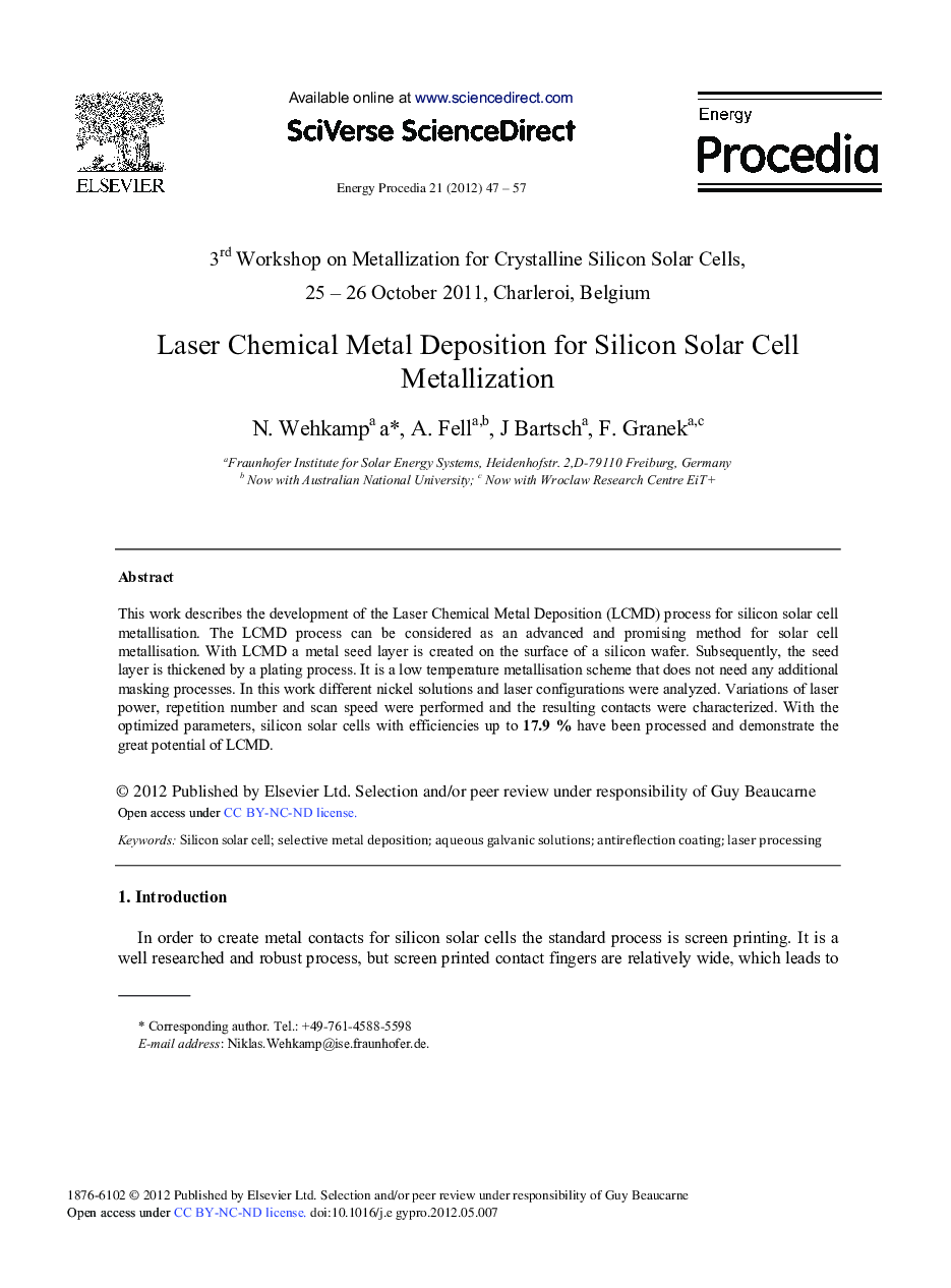 Laser Chemical Metal Deposition for Silicon Solar Cell Metallization