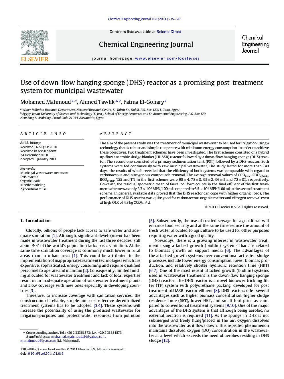 Use of down-flow hanging sponge (DHS) reactor as a promising post-treatment system for municipal wastewater