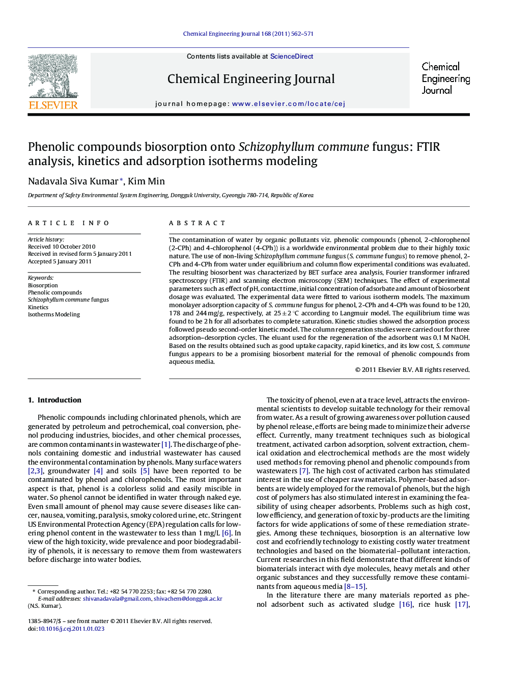 عکس صفحه اول مقاله: Phenolic compounds biosorption onto Schizophyllum commune fungus: FTIR analysis, kinetics and adsorption isotherms modeling Phenolic compounds biosorption onto Schizophyllum commune fungus: FTIR analysis, kinetics and adsorption isotherms modeling