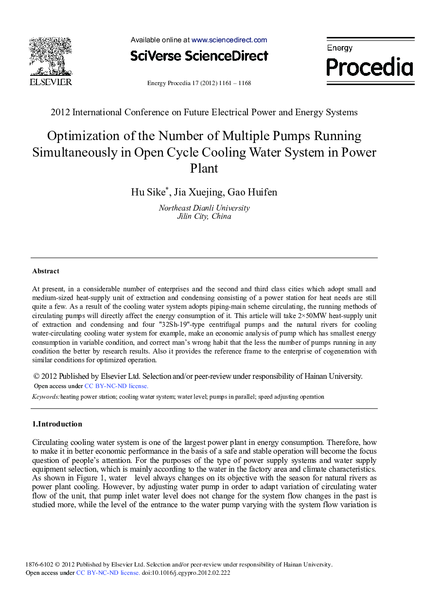 Optimization of the Number of Multiple Pumps Running Simultaneously in Open Cycle Cooling Water System in Power Plant