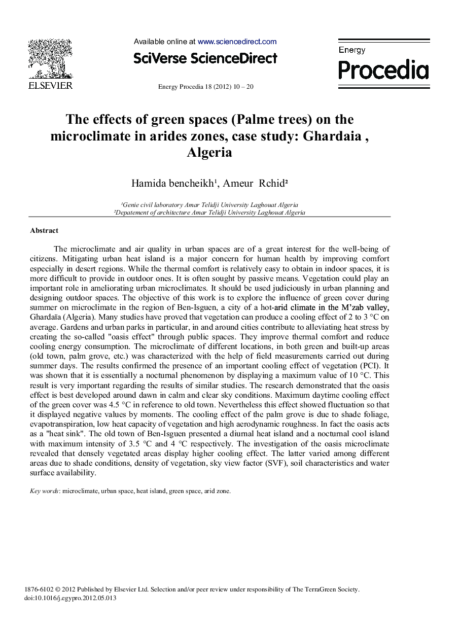 The Effects of Green Spaces (Palme Trees) on the Microclimate in Arides Zones, Case Study: Ghardaia, Algeria