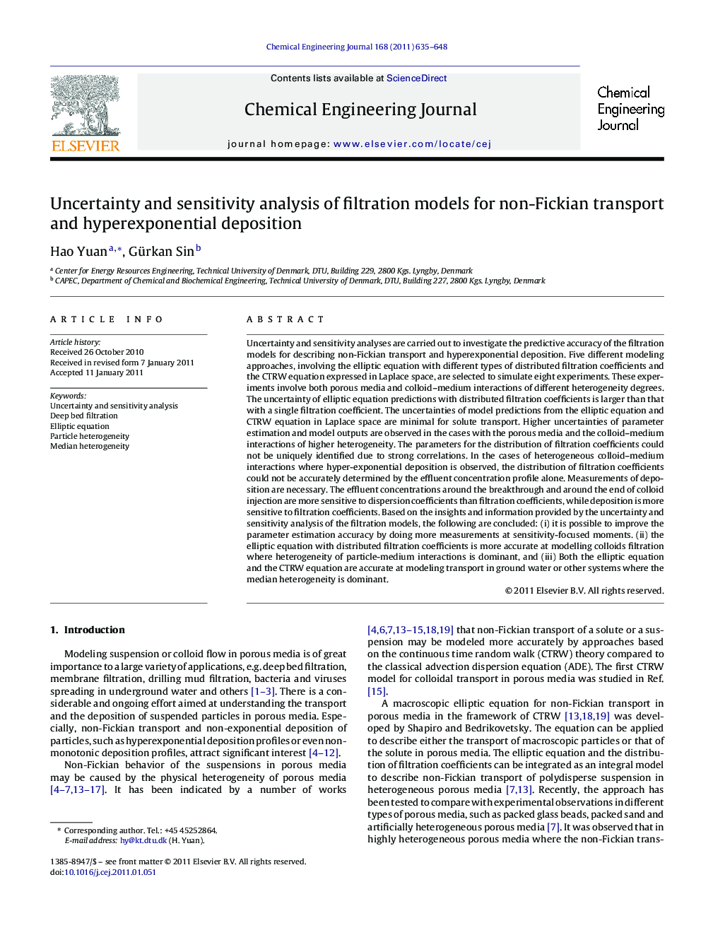 Uncertainty and sensitivity analysis of filtration models for non-Fickian transport and hyperexponential deposition