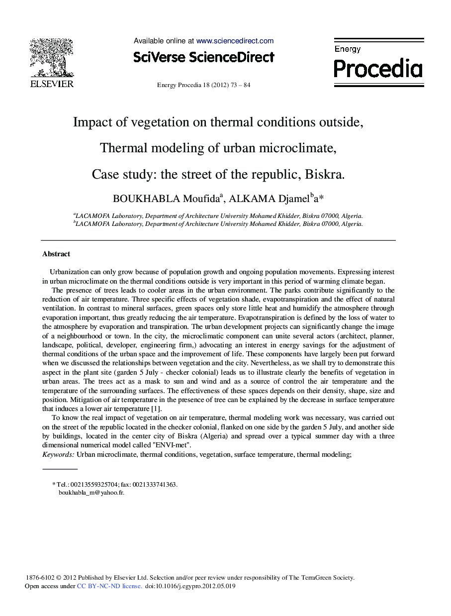 Impact of Vegetation on Thermal Conditions Outside, Thermal Modeling of Urban Microclimate, Case Study: The Street of the Republic, Biskra