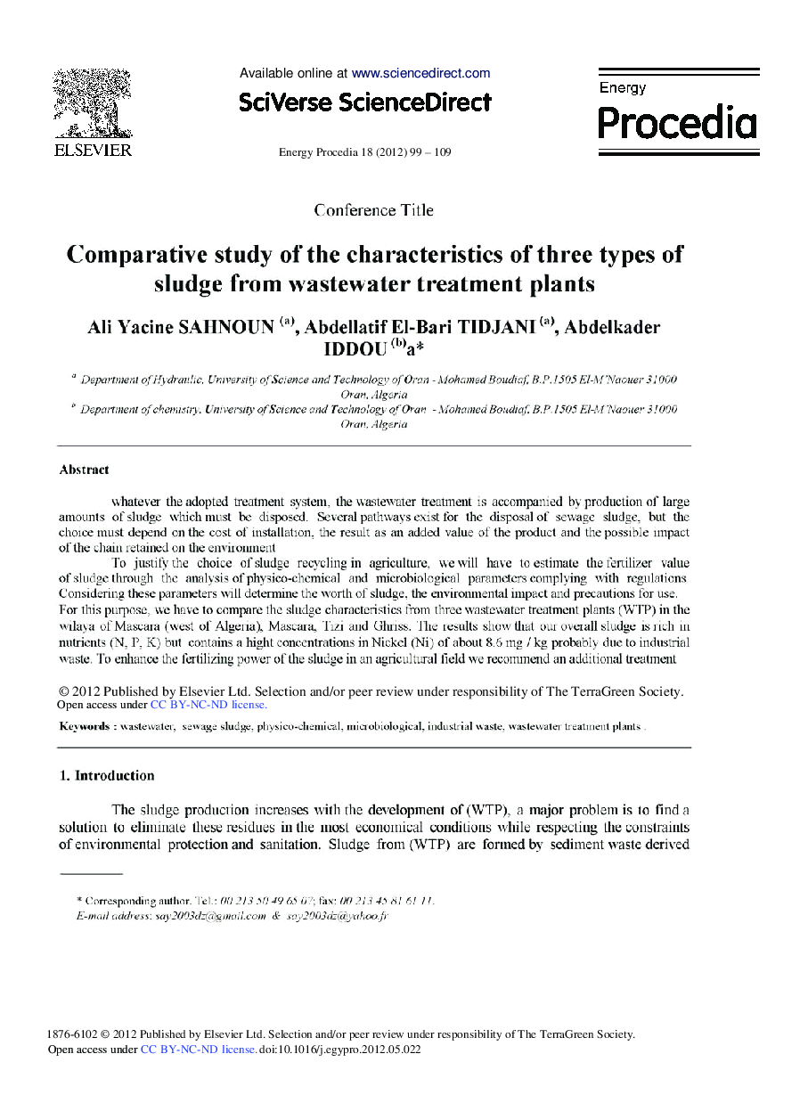 Comparative Study of the Characteristics of Three Types of Sludge From Wastewater Treatment Plants