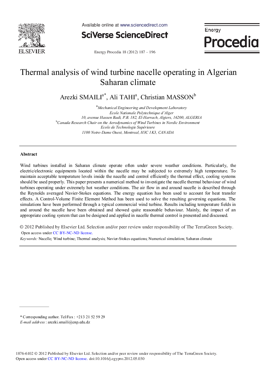 Thermal Analysis of Wind Turbine Nacelle Operating in Algerian Saharan Climate