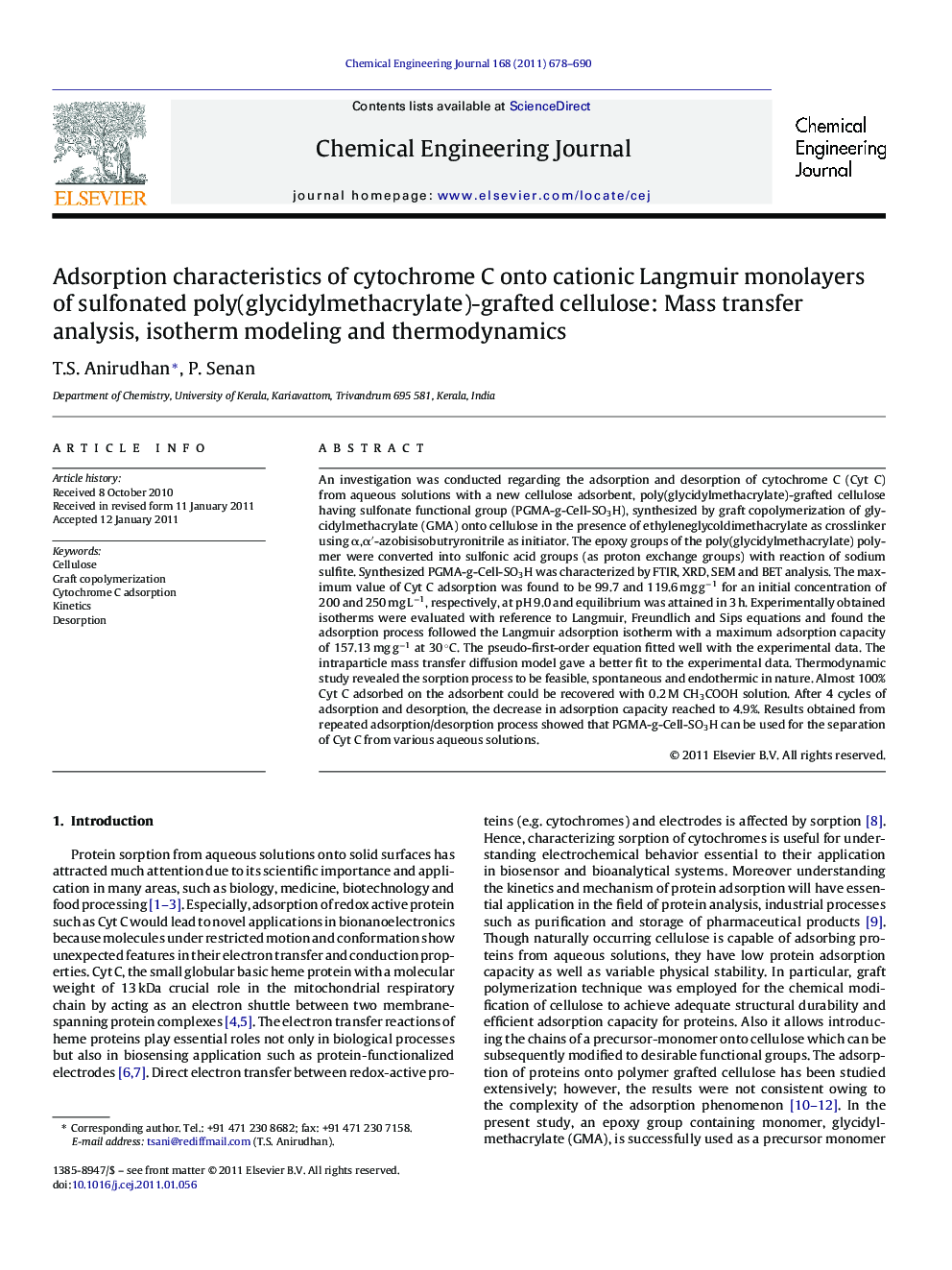 Adsorption characteristics of cytochrome C onto cationic Langmuir monolayers of sulfonated poly(glycidylmethacrylate)-grafted cellulose: Mass transfer analysis, isotherm modeling and thermodynamics