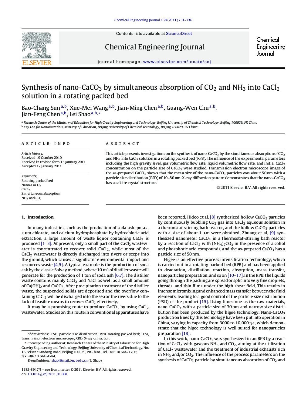 Synthesis of nano-CaCO3 by simultaneous absorption of CO2 and NH3 into CaCl2 solution in a rotating packed bed