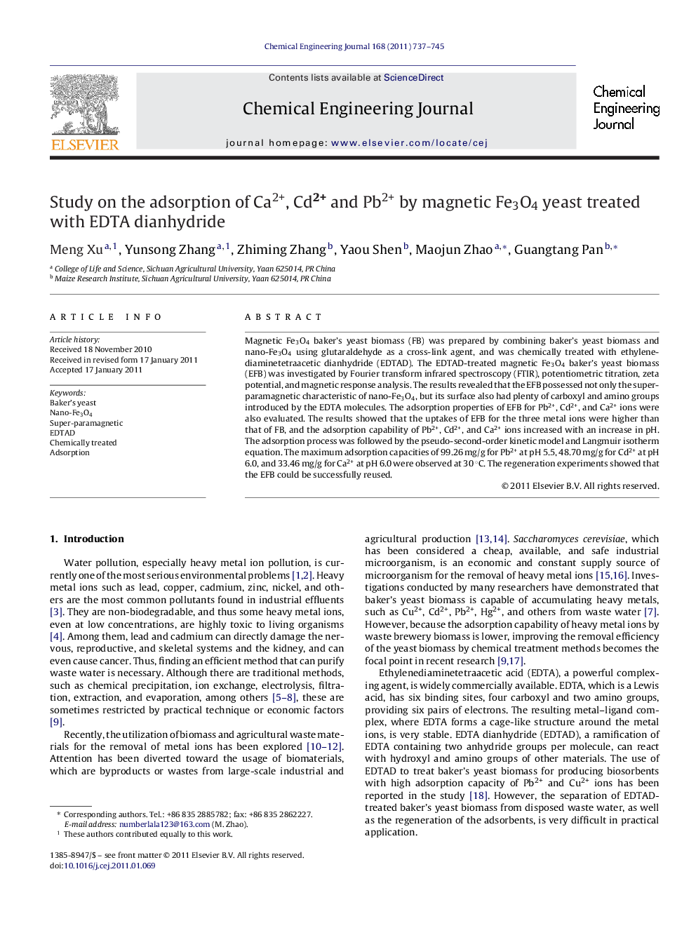 Study on the adsorption of Ca2+, Cd2+ and Pb2+ by magnetic Fe3O4 yeast treated with EDTA dianhydride