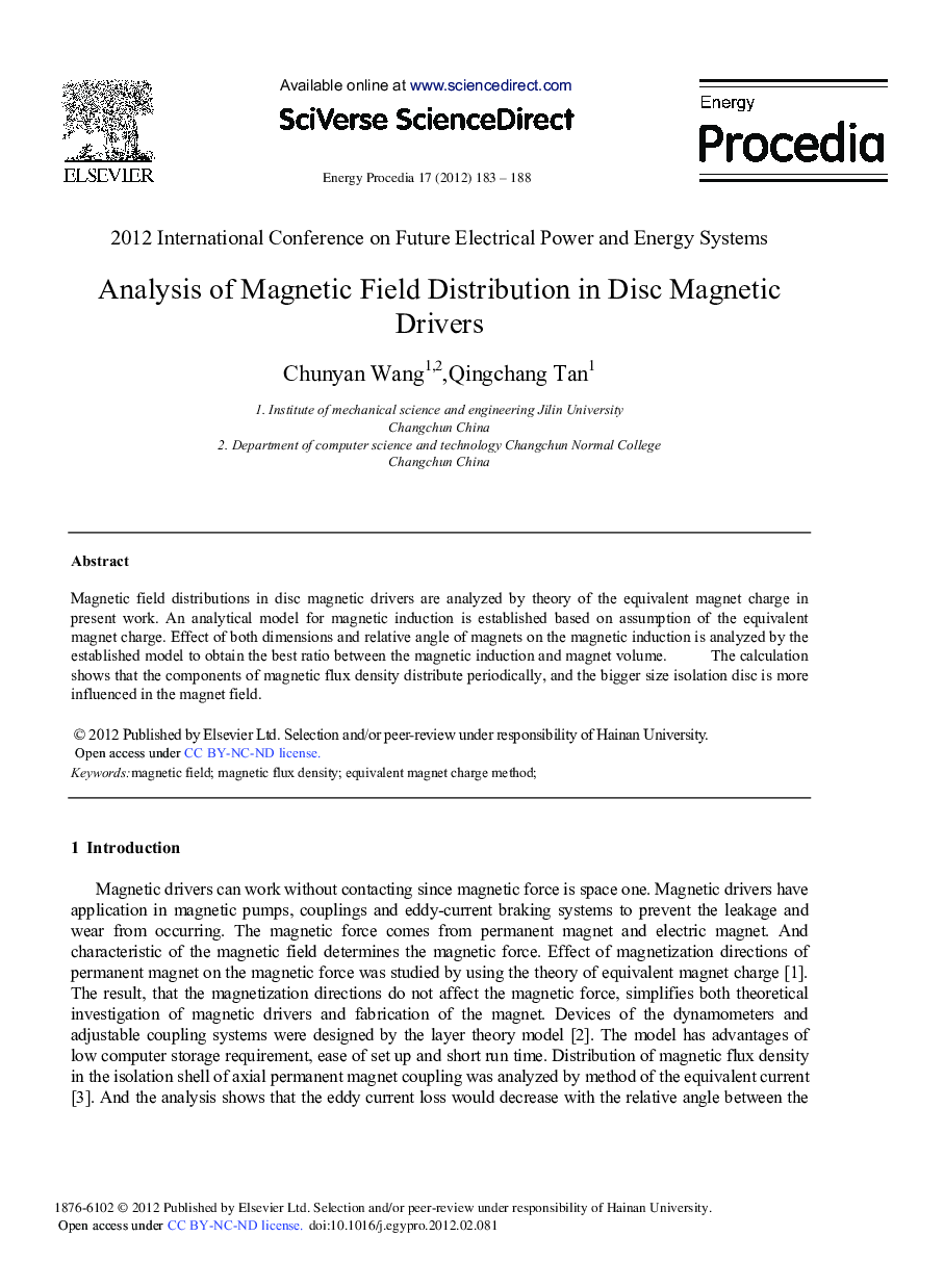 عکس صفحه اول مقاله: Analysis of Magnetic Field Distribution in Disc Magnetic Drivers Analysis of Magnetic Field Distribution in Disc Magnetic Drivers