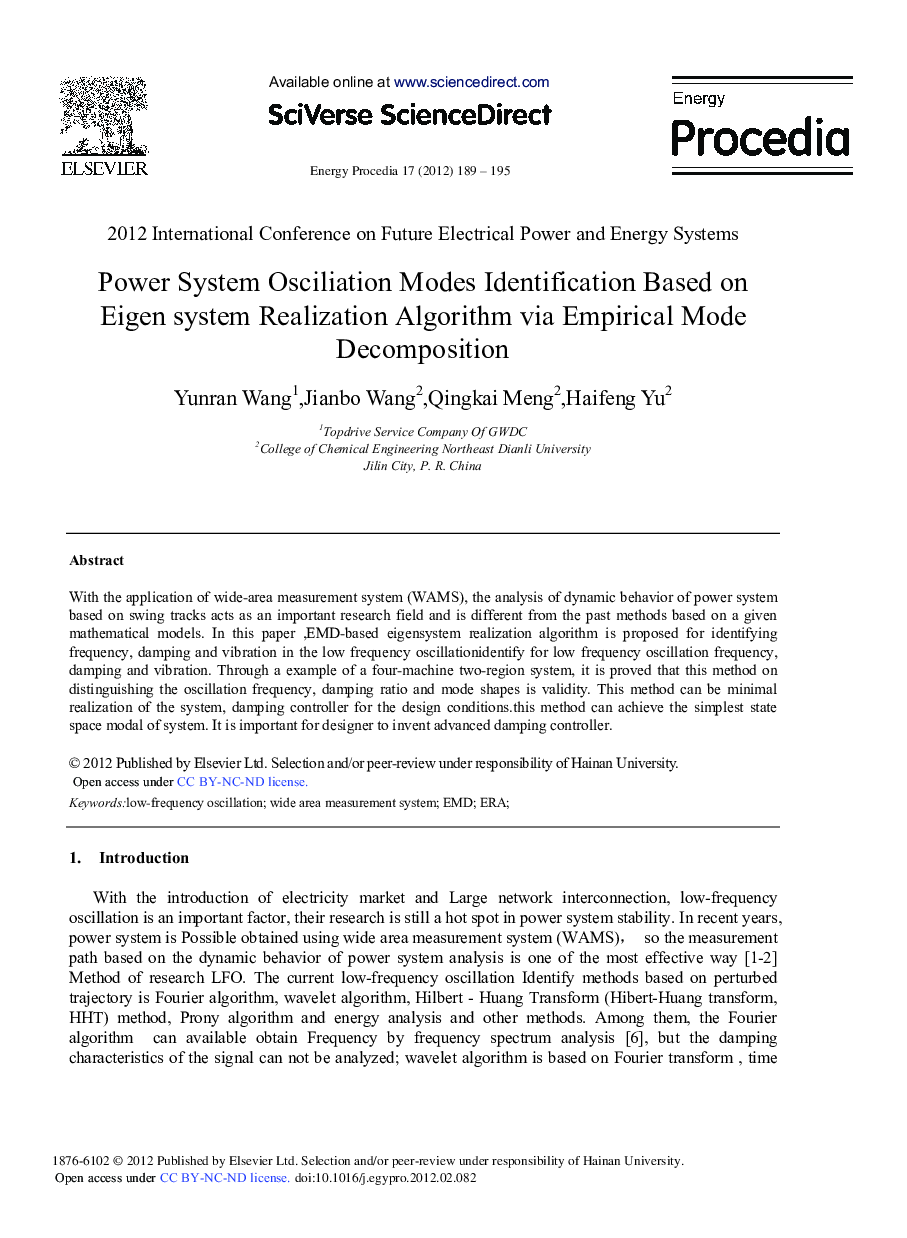 Power System Osciliation Modes Identification Based on Eigen system Realization Algorithm via Empirical Mode Decomposition