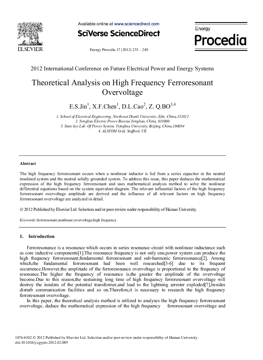 Theoretical Analysis on High Frequency Ferroresonant Overvoltage