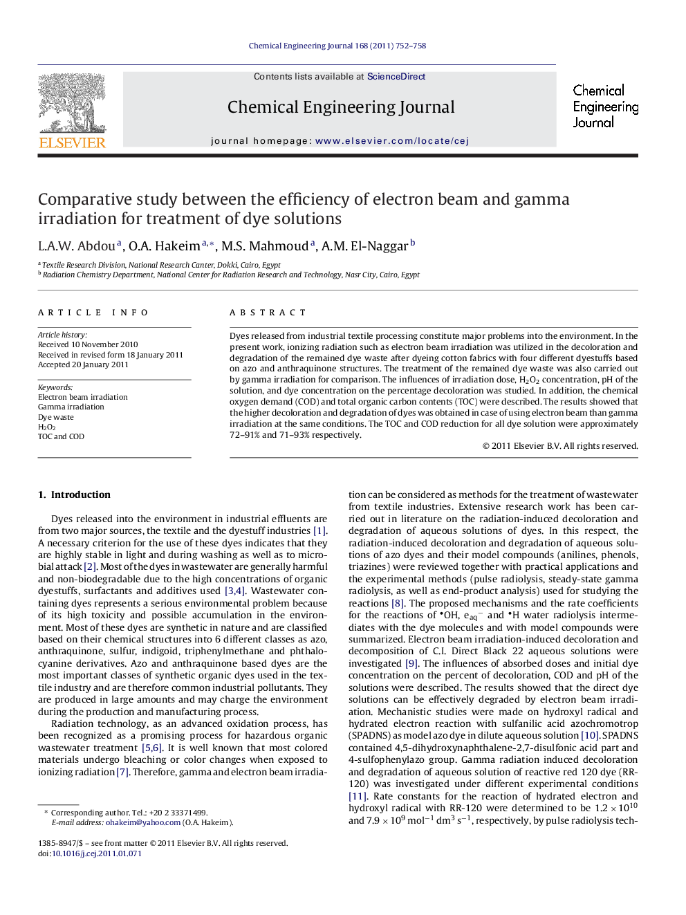 Comparative study between the efficiency of electron beam and gamma irradiation for treatment of dye solutions