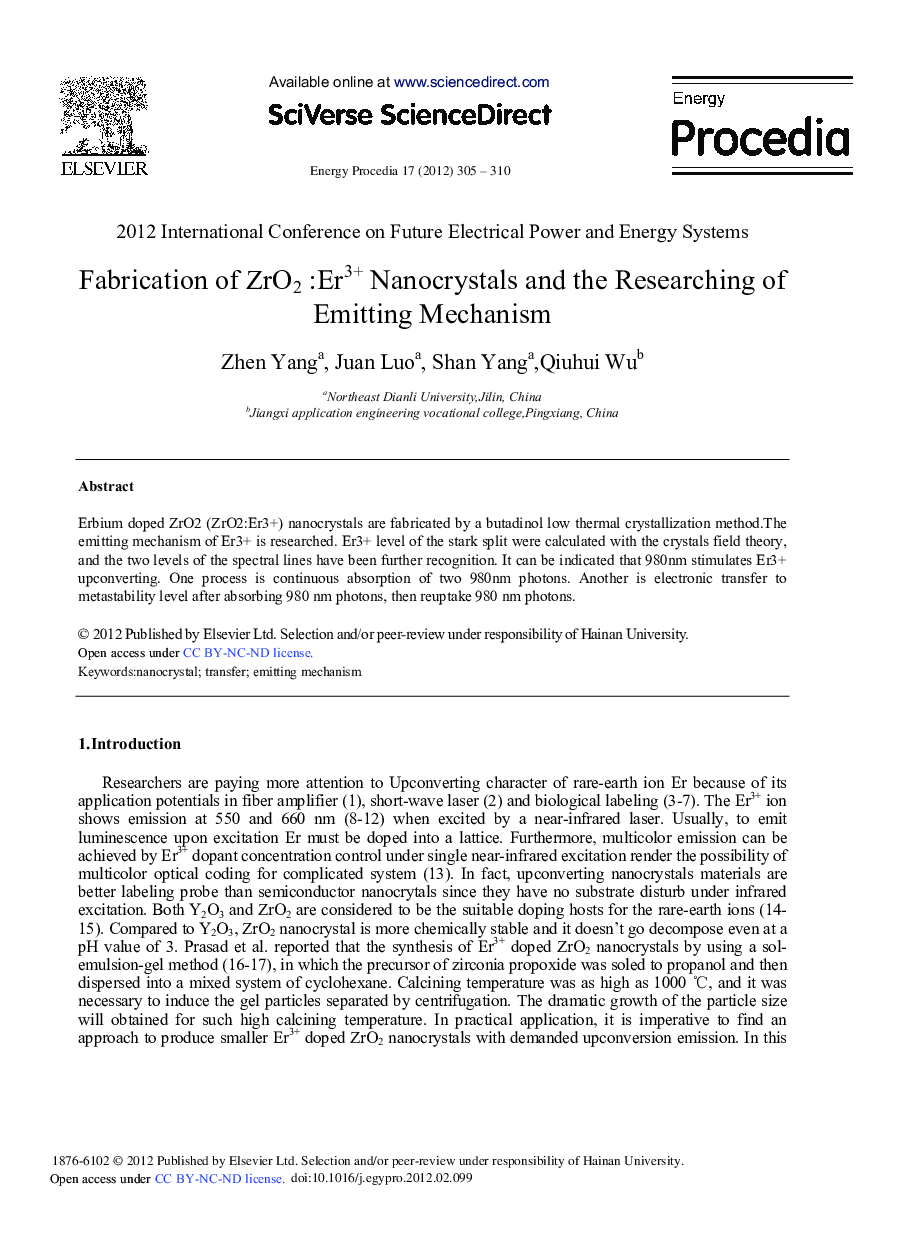 Fabrication of ZrO2:Er3+ Nanocrystals and the Researching of Emitting Mechanism