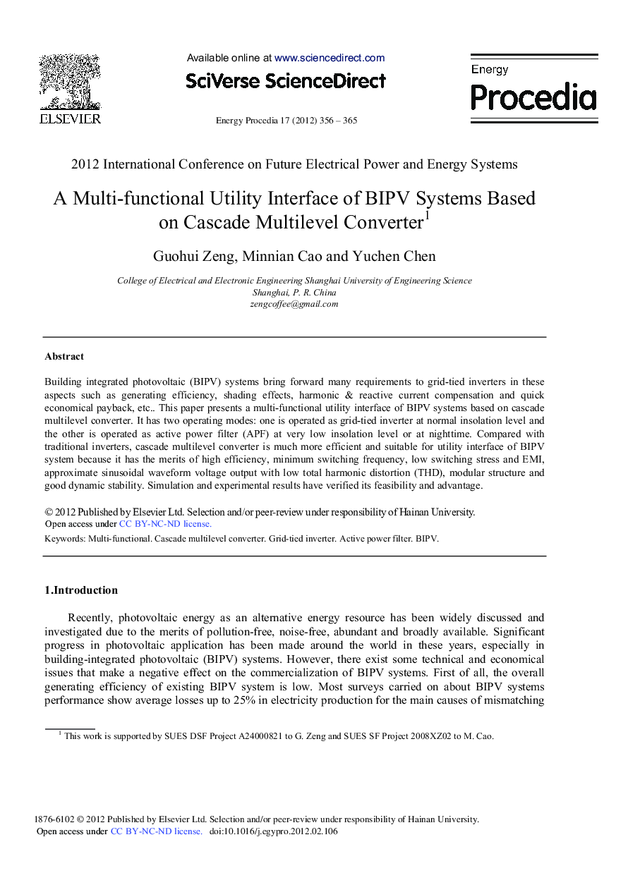 A Multi-functional Utility Interface of BIPV Systems Based on Cascade Multilevel Converter 