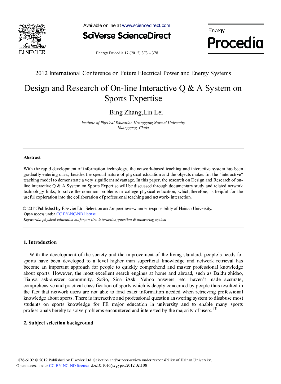 Design and Research of On-line Interactive Q & A System on Sports Expertise