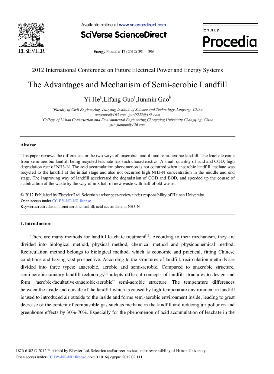 The Advantages and Mechanism of Semi-aerobic Landfill