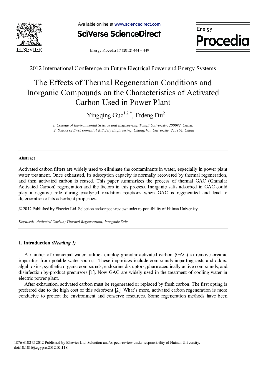 The Effects of Thermal Regeneration Conditions and Inorganic Compounds on the Characteristics of Activated Carbon Used in Power Plant