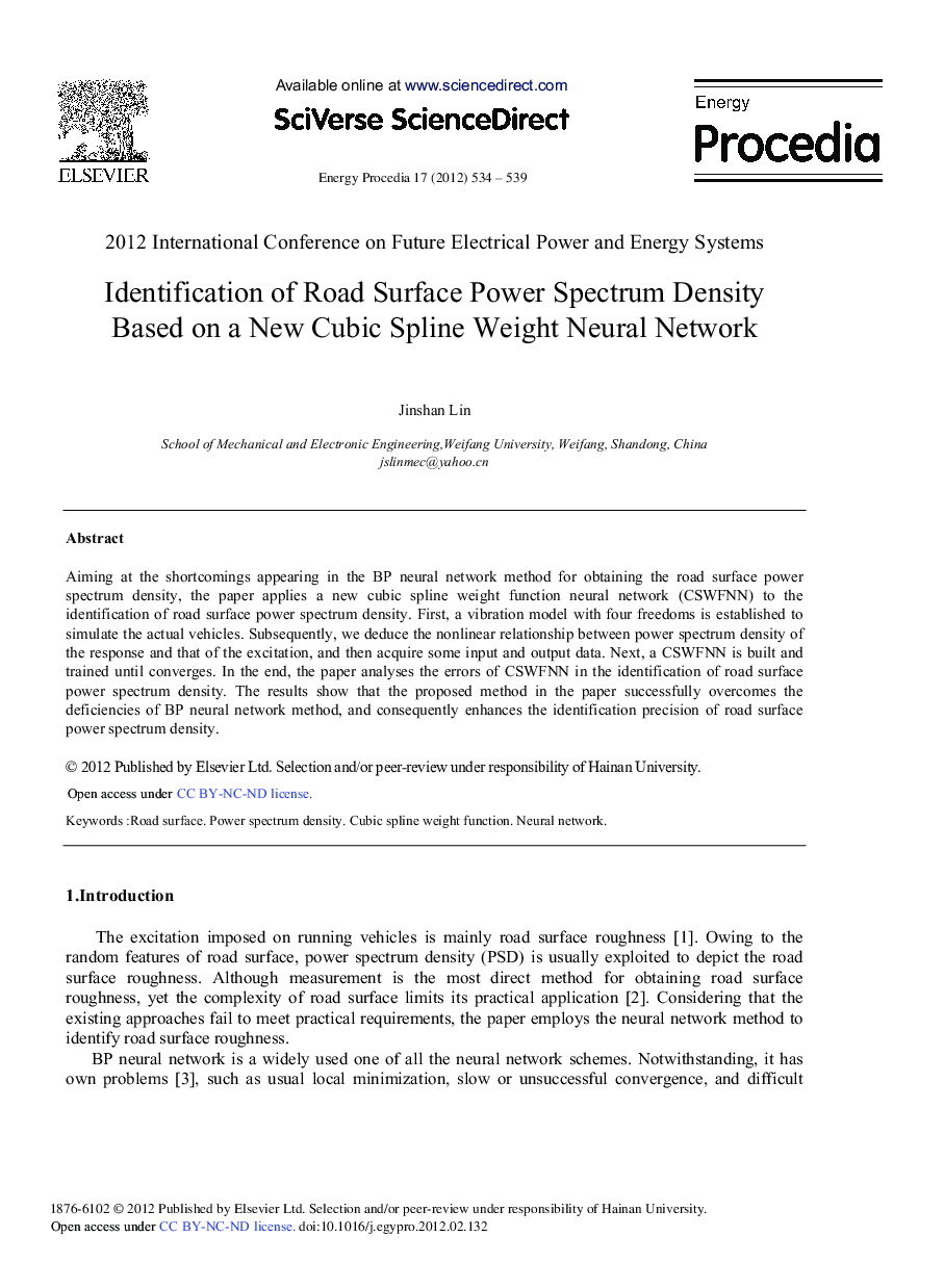 Identification of Road Surface Power Spectrum Density Based on a New Cubic Spline Weight Neural Network
