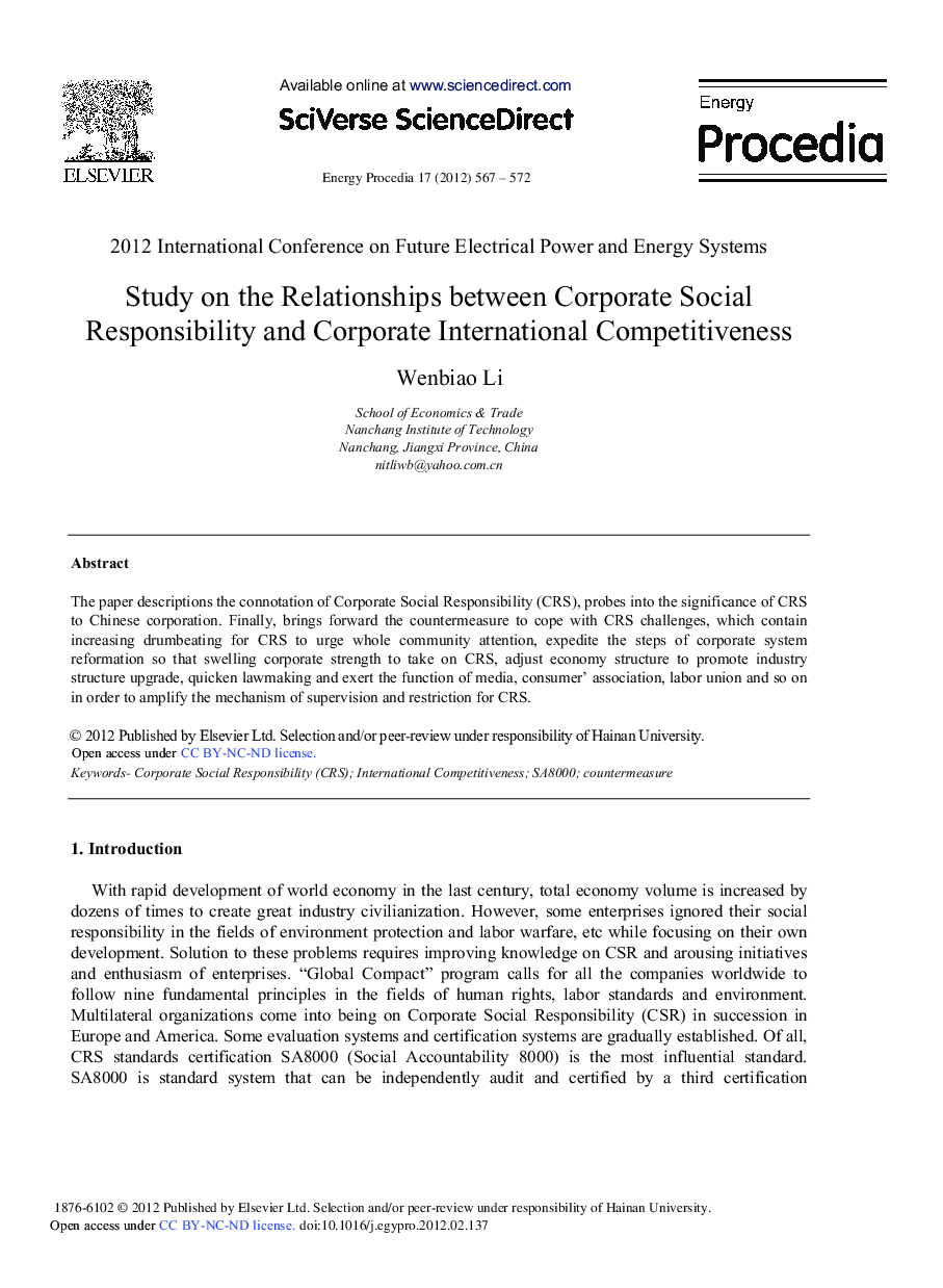 Study on the Relationships between Corporate Social Responsibility and Corporate International Competitiveness
