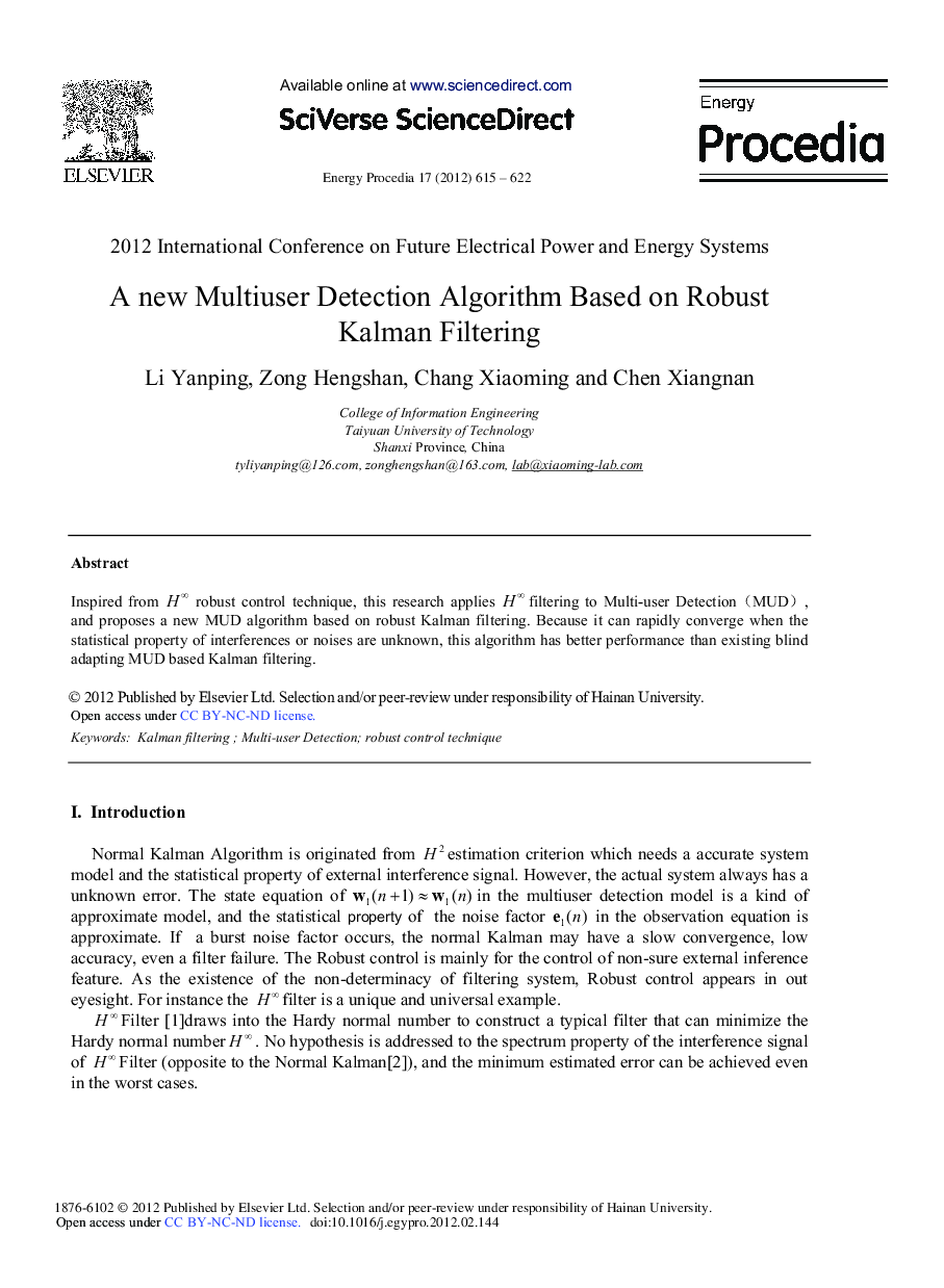 A new Multiuser Detection Algorithm Based on Robust Kalman Filtering