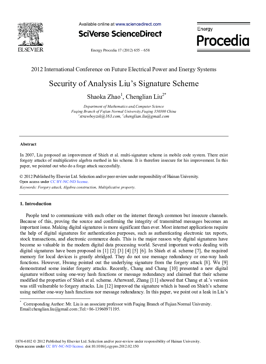 Security of Analysis Liu's Signature Scheme