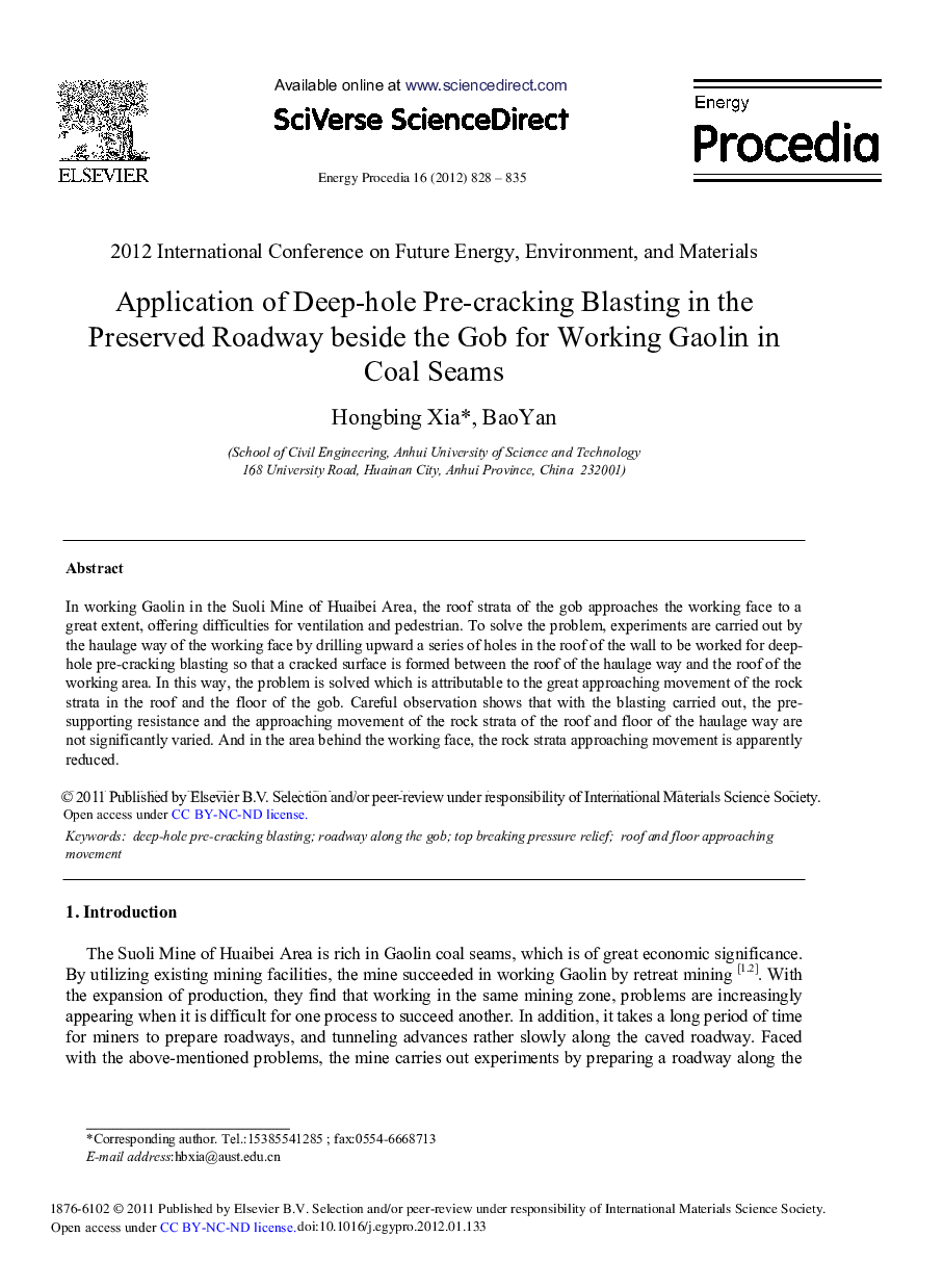 Application of Deep-hole Pre-cracking Blasting in the Preserved Roadway beside the Gob for Working Gaolin in Coal Seams