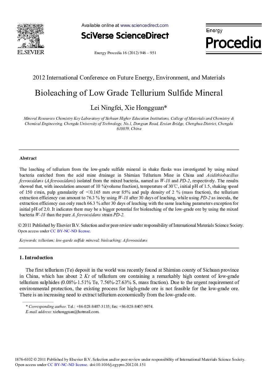 Bioleaching of Low Grade Tellurium Sulfide Mineral