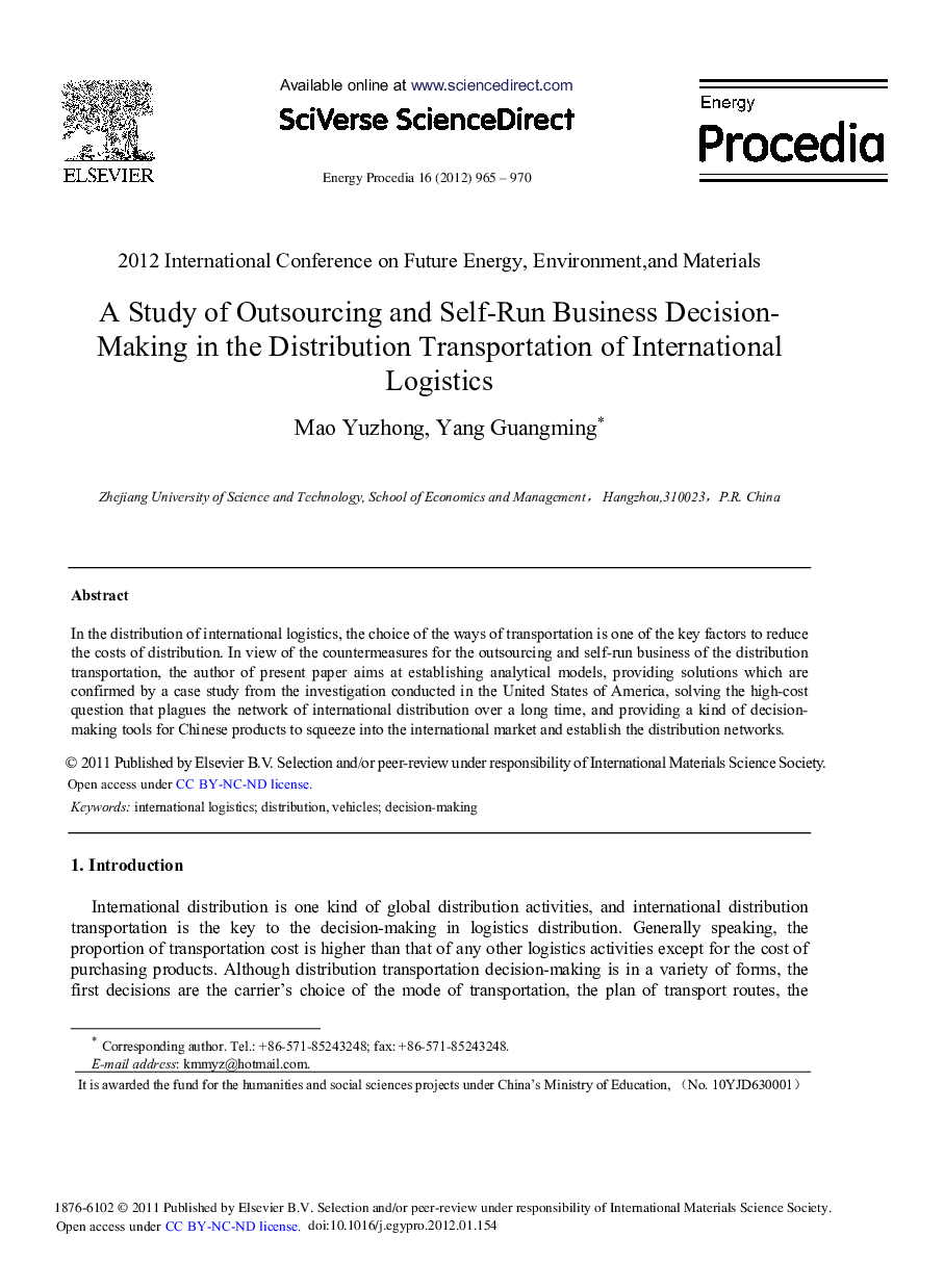 A Study of Outsourcing and Self-Run Business Decision- Making in the Distribution Transportation of International Logistics