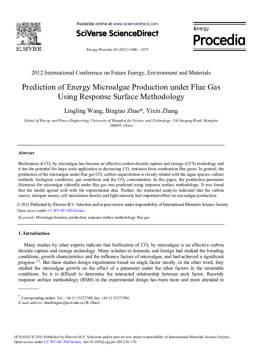 Prediction of Energy Microalgae Production under Flue Gas Using Response Surface Methodology