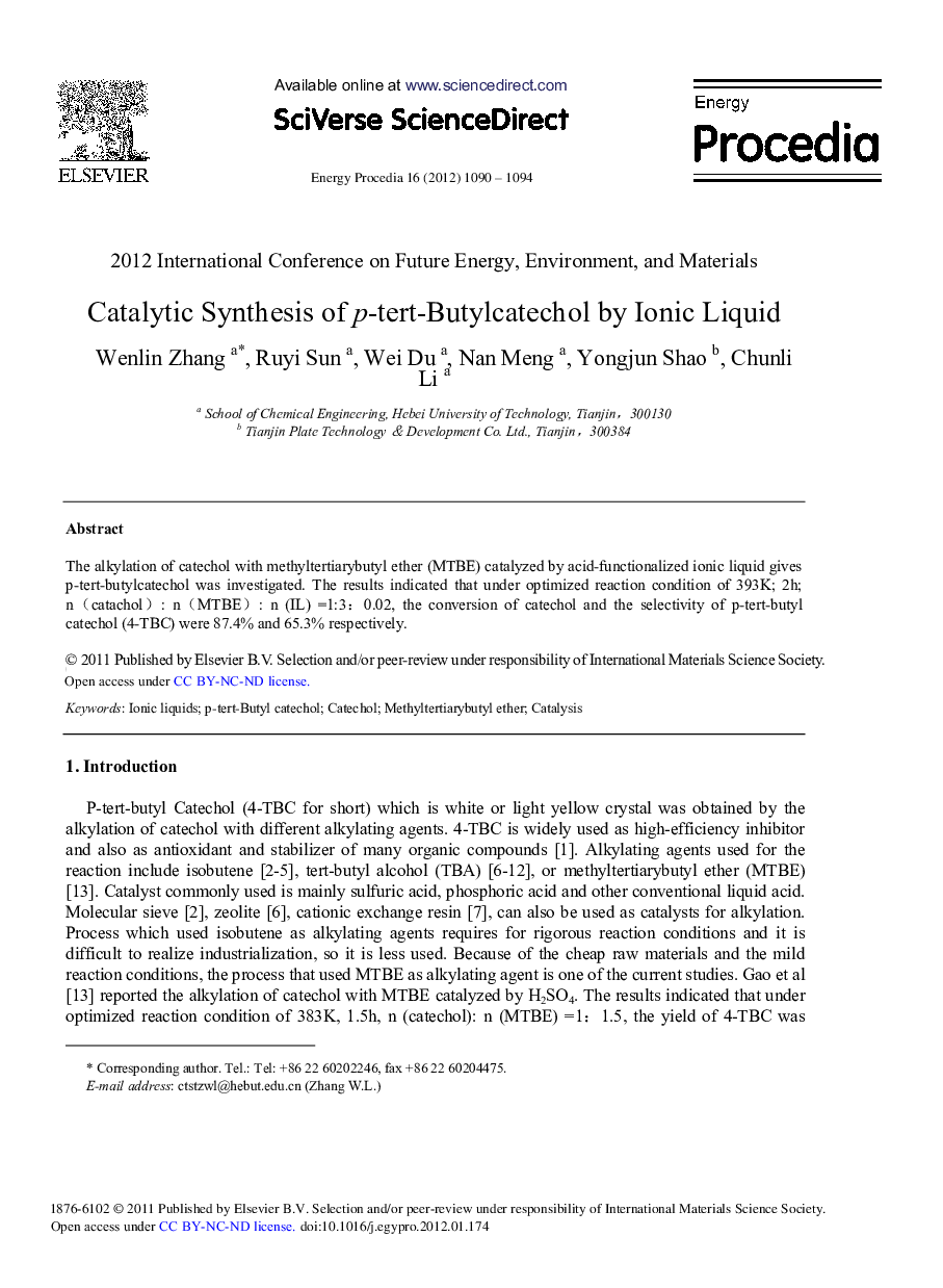 Catalytic Synthesis of p-tert-Butylcatechol by Ionic Liquid