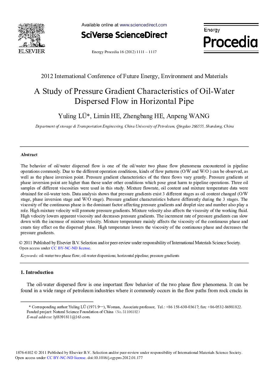 A Study of Pressure Gradient Characteristics of Oil-Water Dispersed Flow in Horizontal Pipe