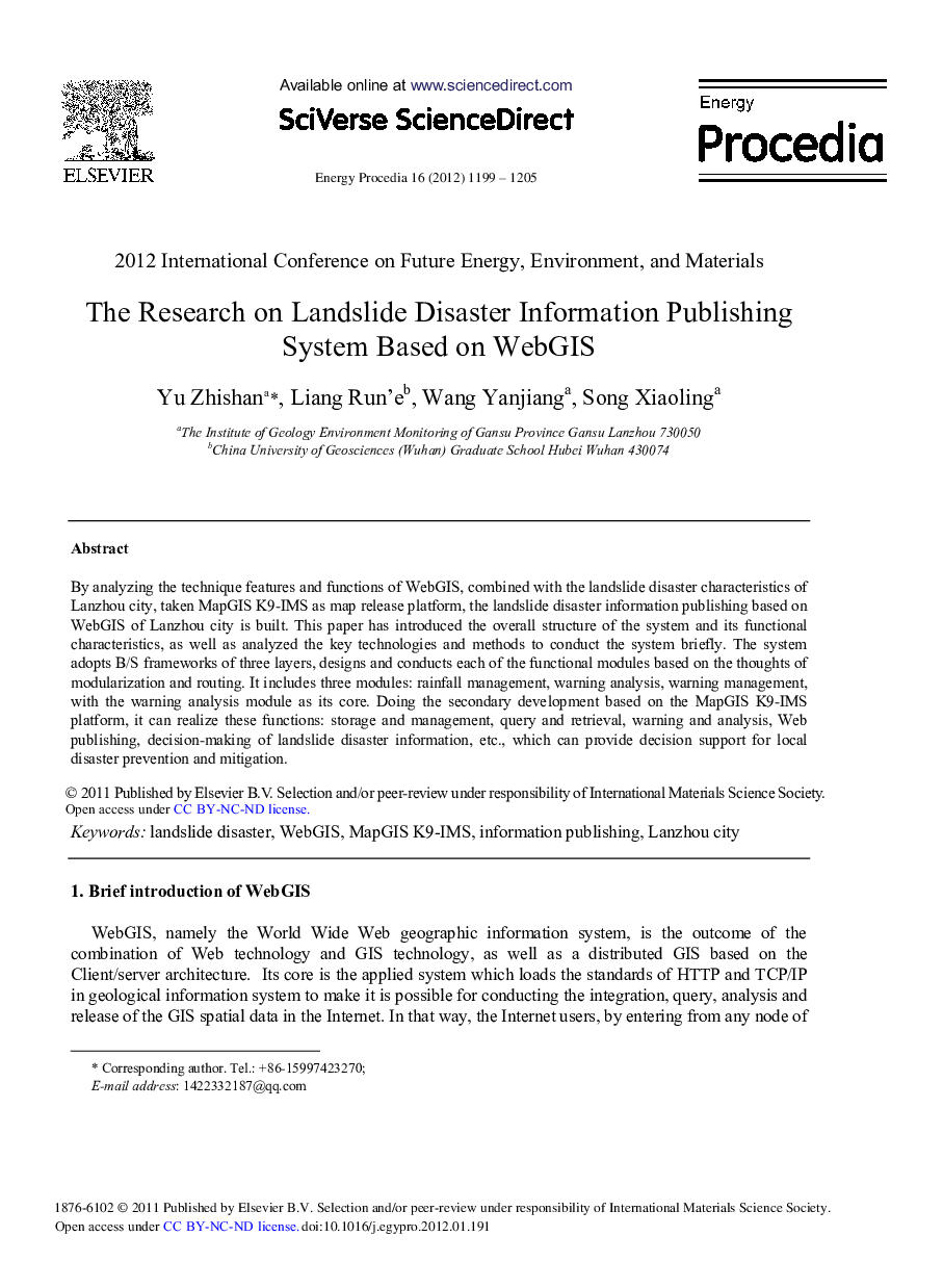 The Research on Landslide Disaster Information Publishing System Based on WebGIS