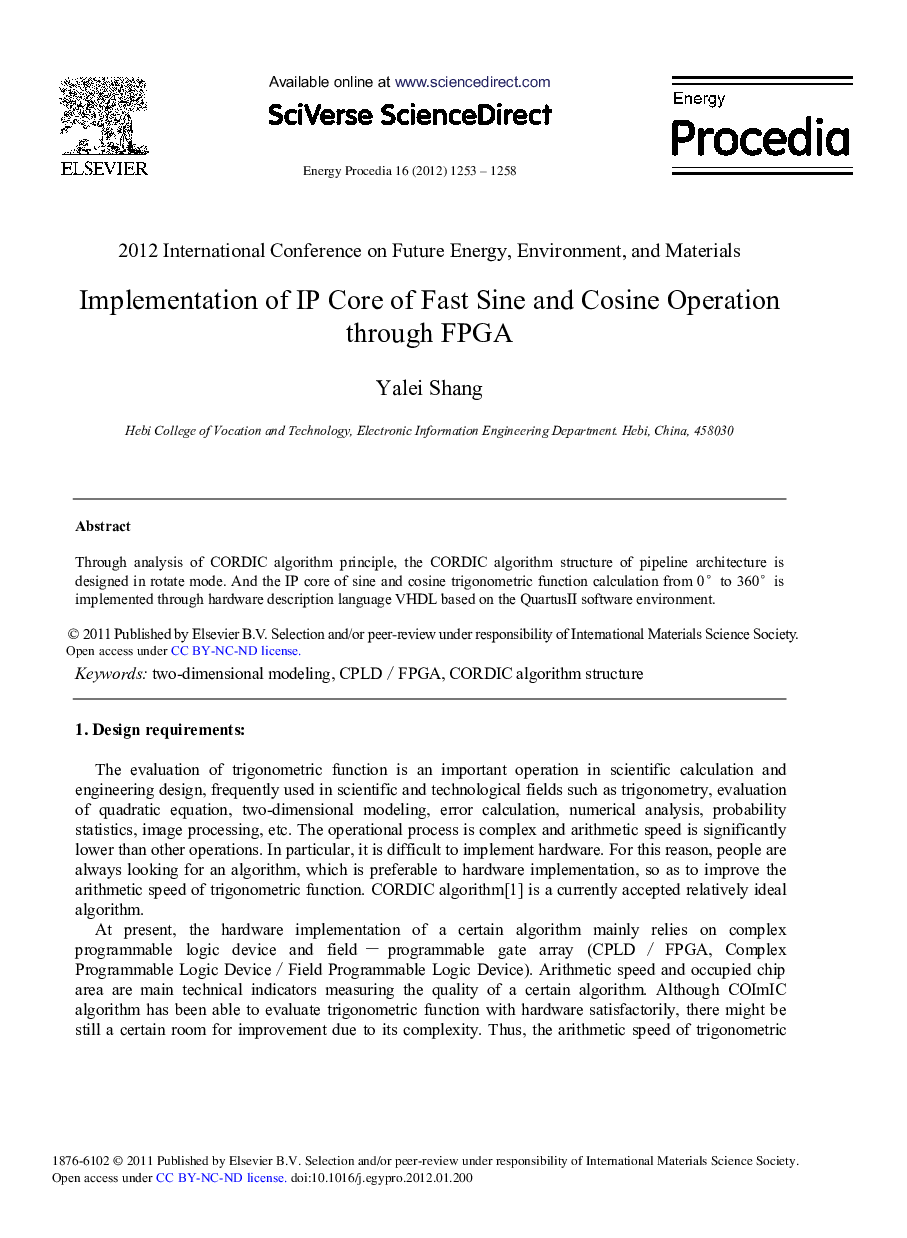 Implementation of IP Core of Fast Sine and Cosine Operation through FPGA