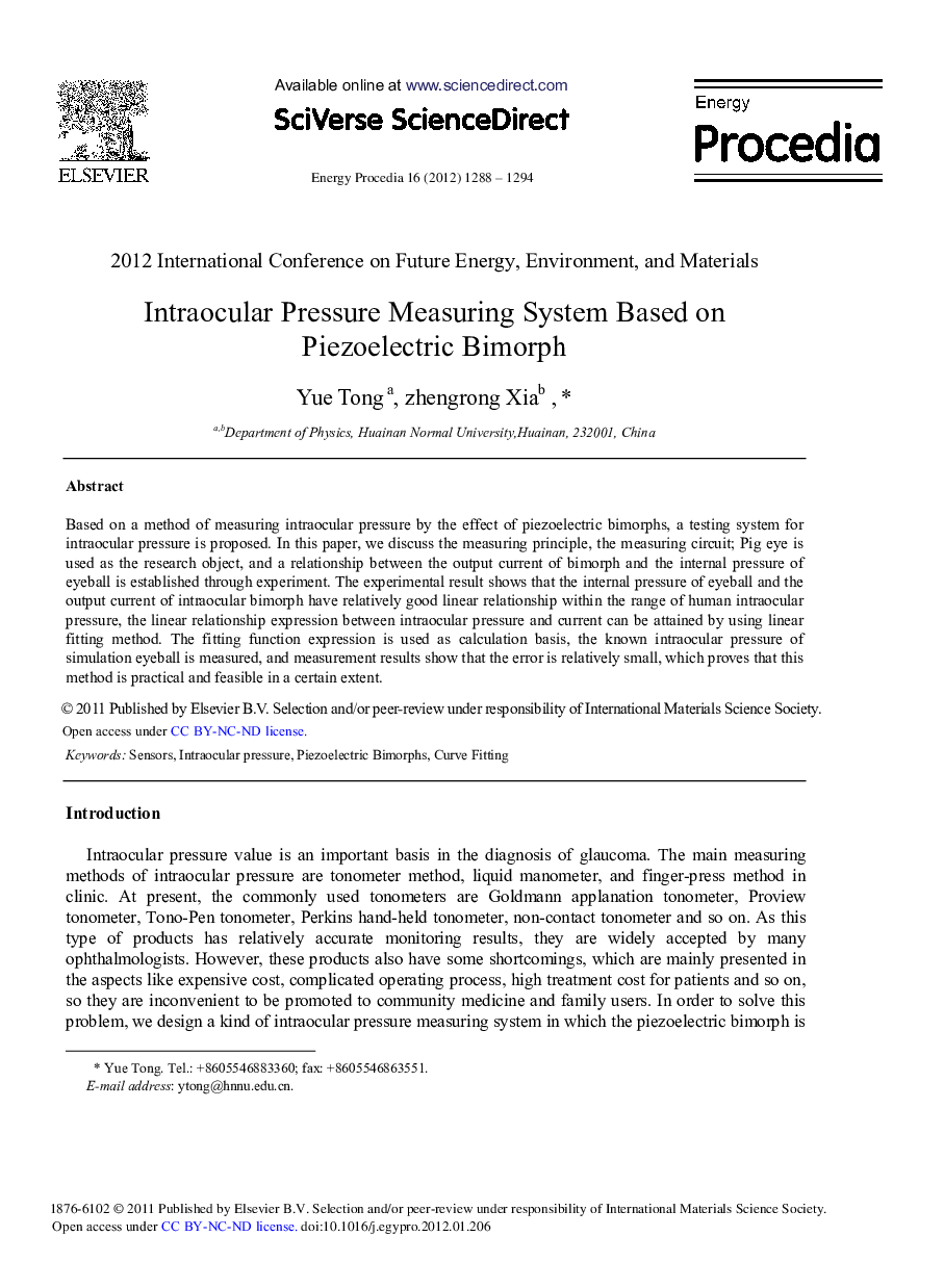 Intraocular Pressure Measuring System Based on Piezoelectric Bimorph