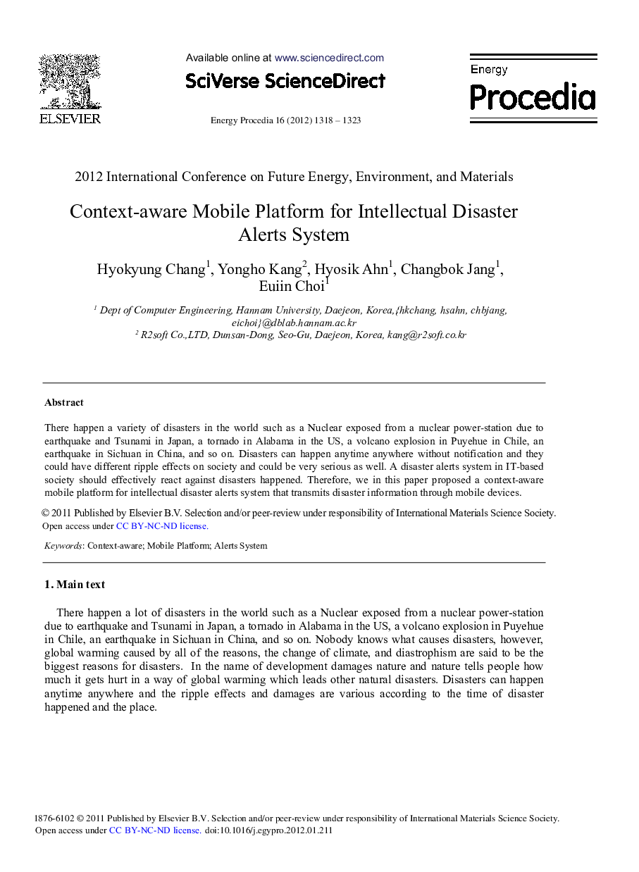 Context-aware Mobile Platform for Intellectual Disaster Alerts System
