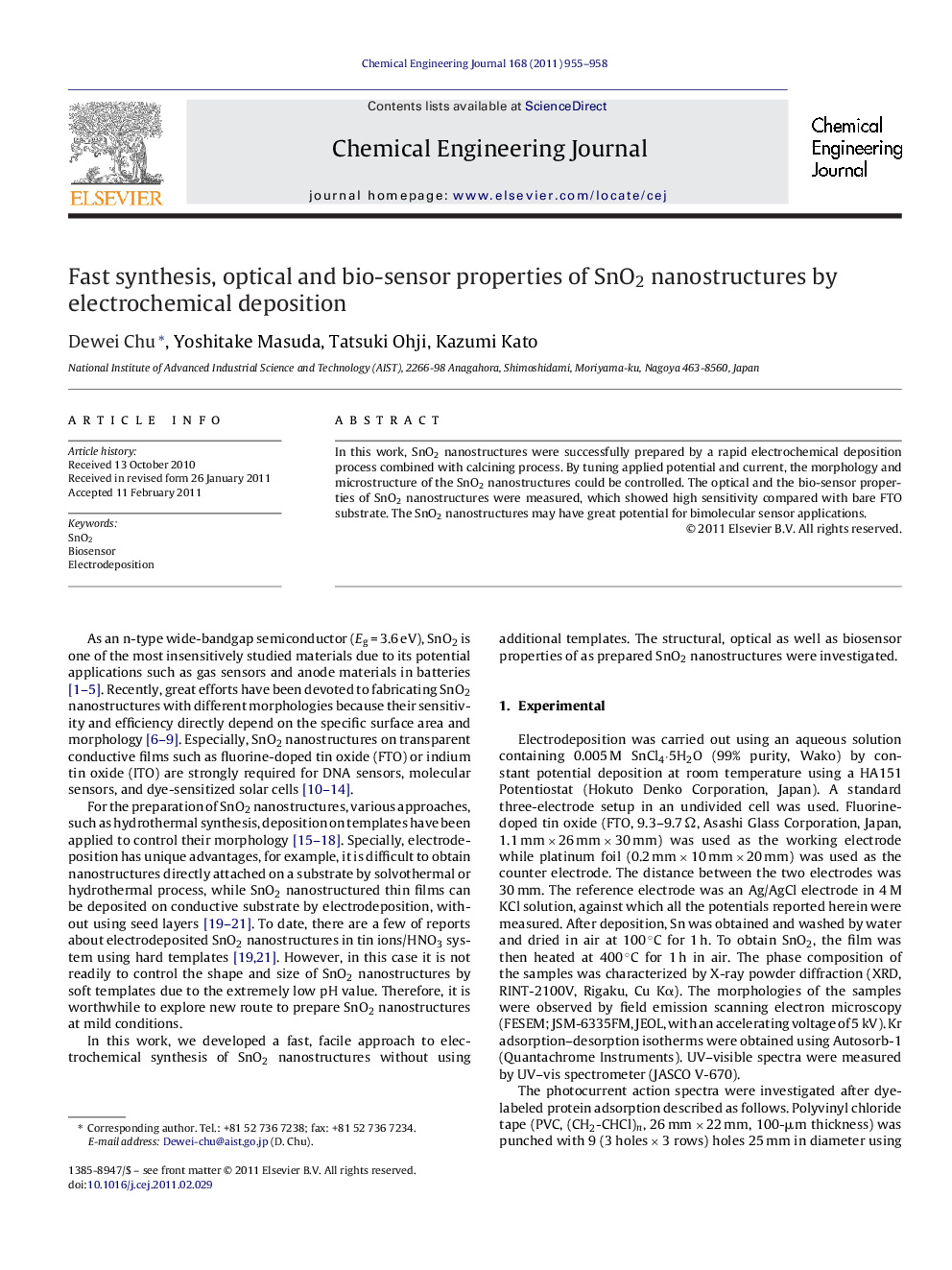 عکس صفحه اول مقاله: Fast synthesis, optical and bio-sensor properties of SnO2 nanostructures by electrochemical deposition Fast synthesis, optical and bio-sensor properties of SnO2 nanostructures by electrochemical deposition
