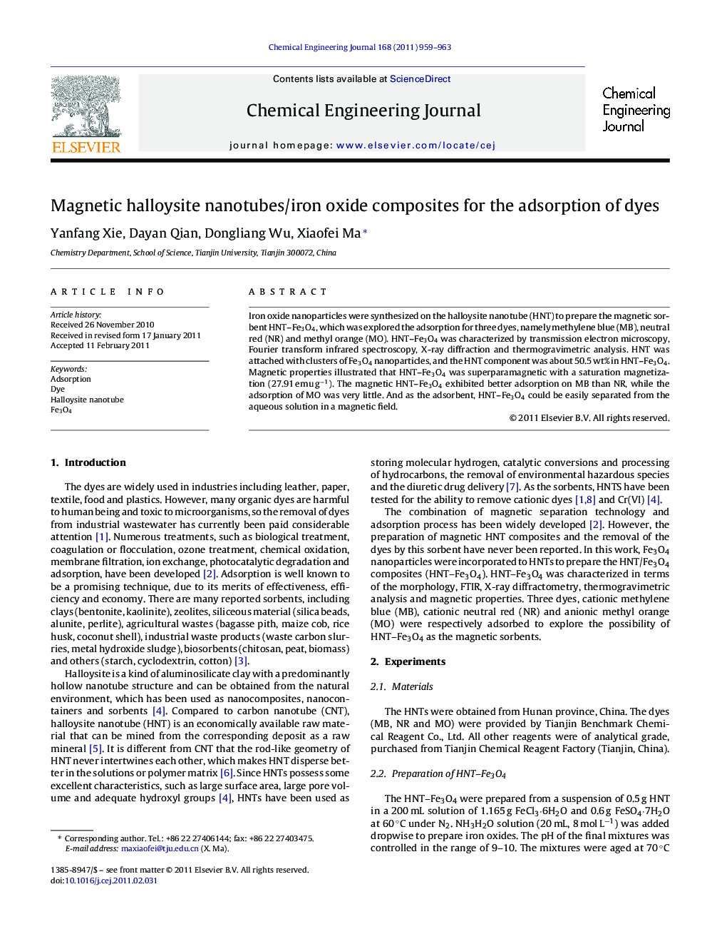 Magnetic halloysite nanotubes/iron oxide composites for the adsorption of dyes