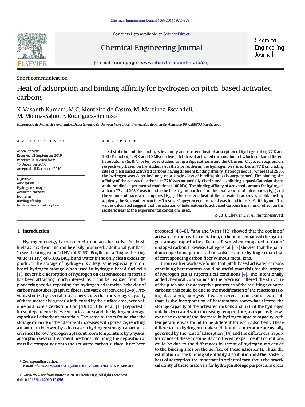 Heat of adsorption and binding affinity for hydrogen on pitch-based activated carbons