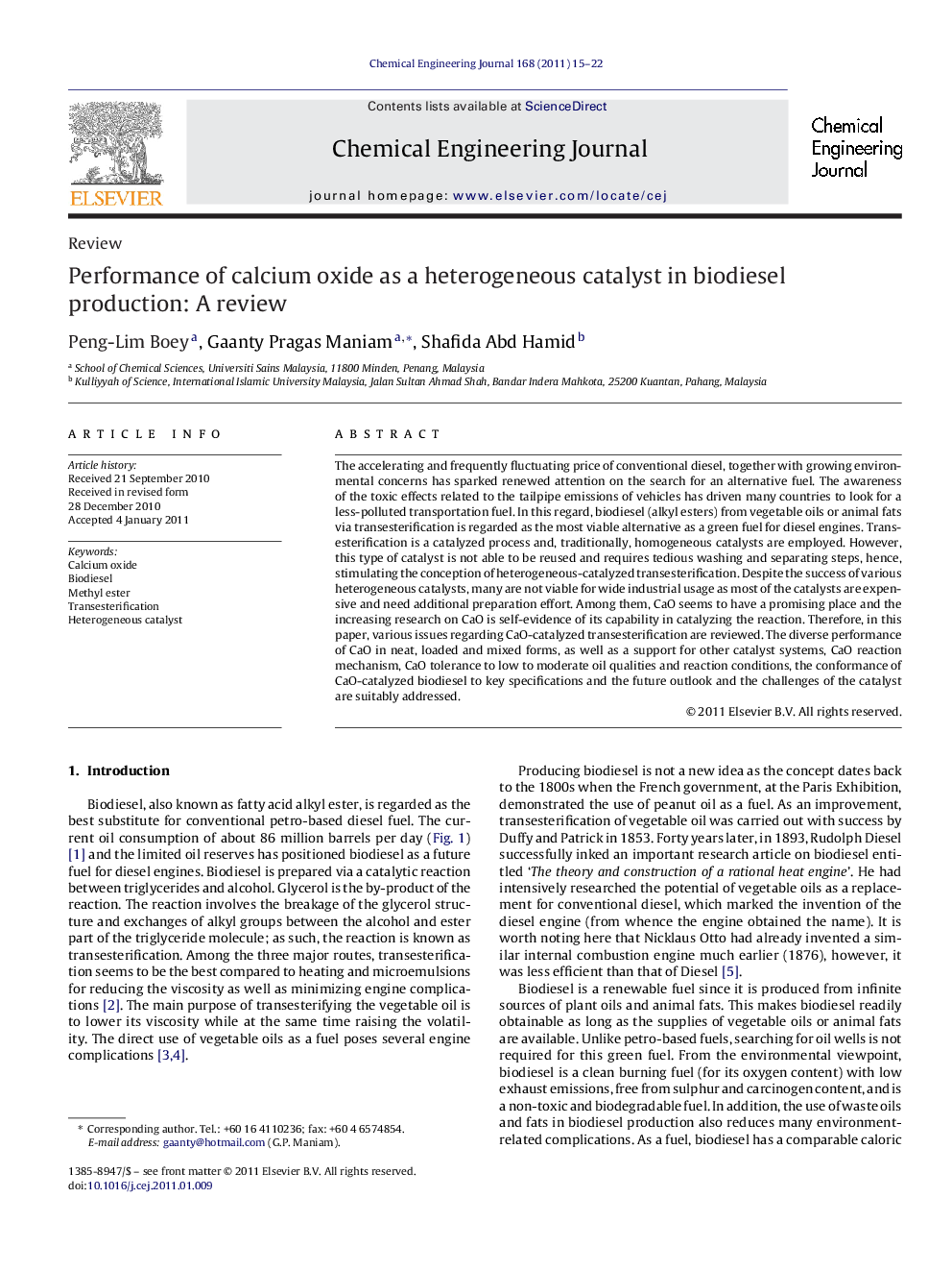 Performance of calcium oxide as a heterogeneous catalyst in biodiesel production: A review