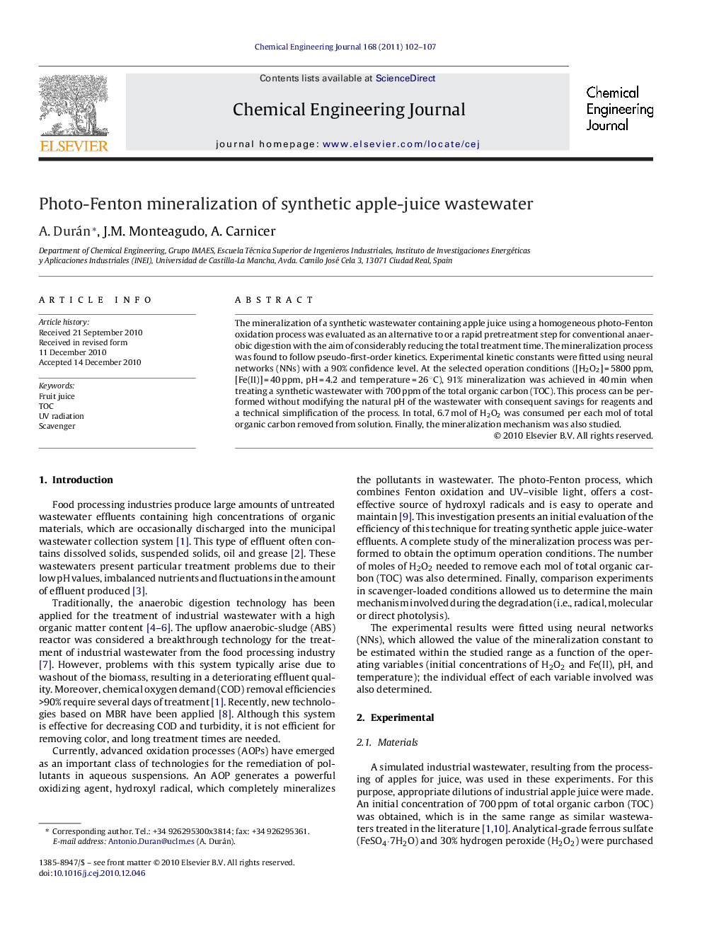 Photo-Fenton mineralization of synthetic apple-juice wastewater