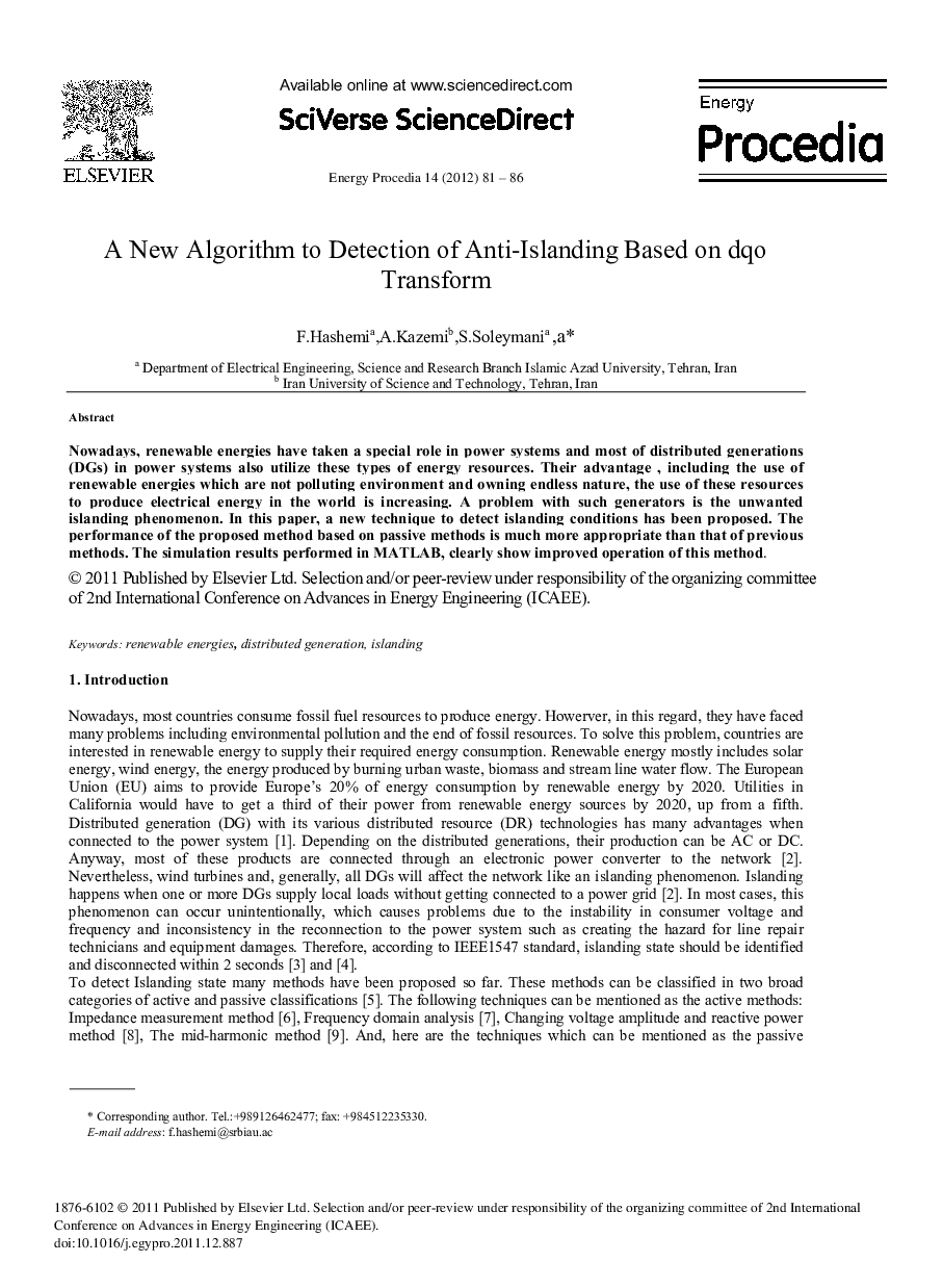 A New Algorithm to Detection of Anti-Islanding Based on dqo Transform