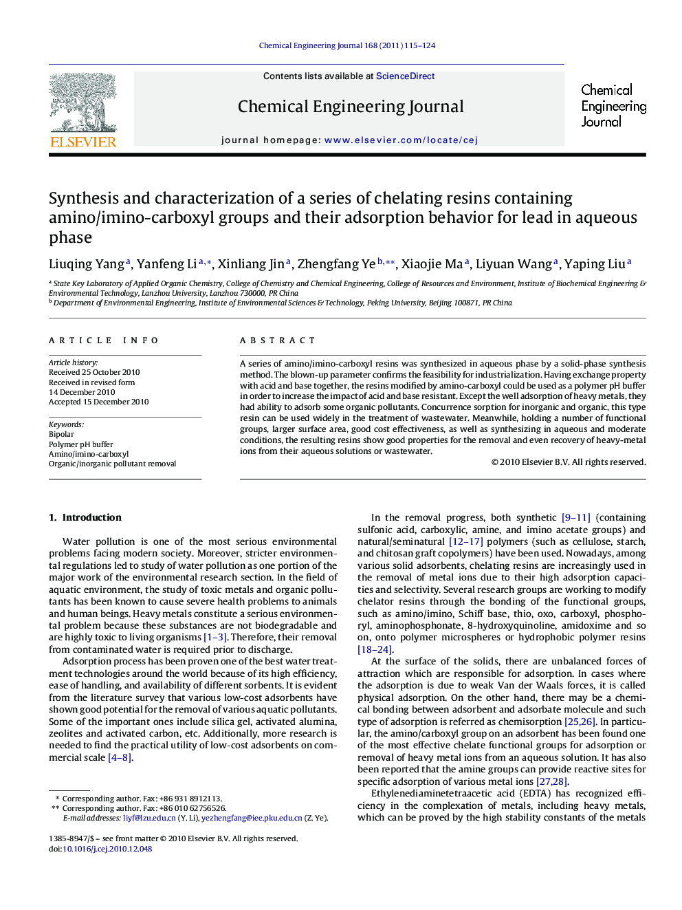 Synthesis and characterization of a series of chelating resins containing amino/imino-carboxyl groups and their adsorption behavior for lead in aqueous phase