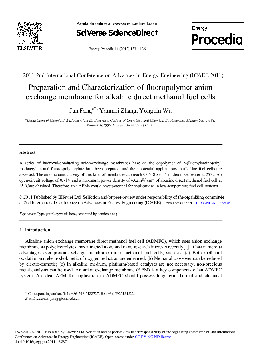 Preparation and Characterization of fluoropolymer anion exchange membrane for alkaline direct methanol fuel cells