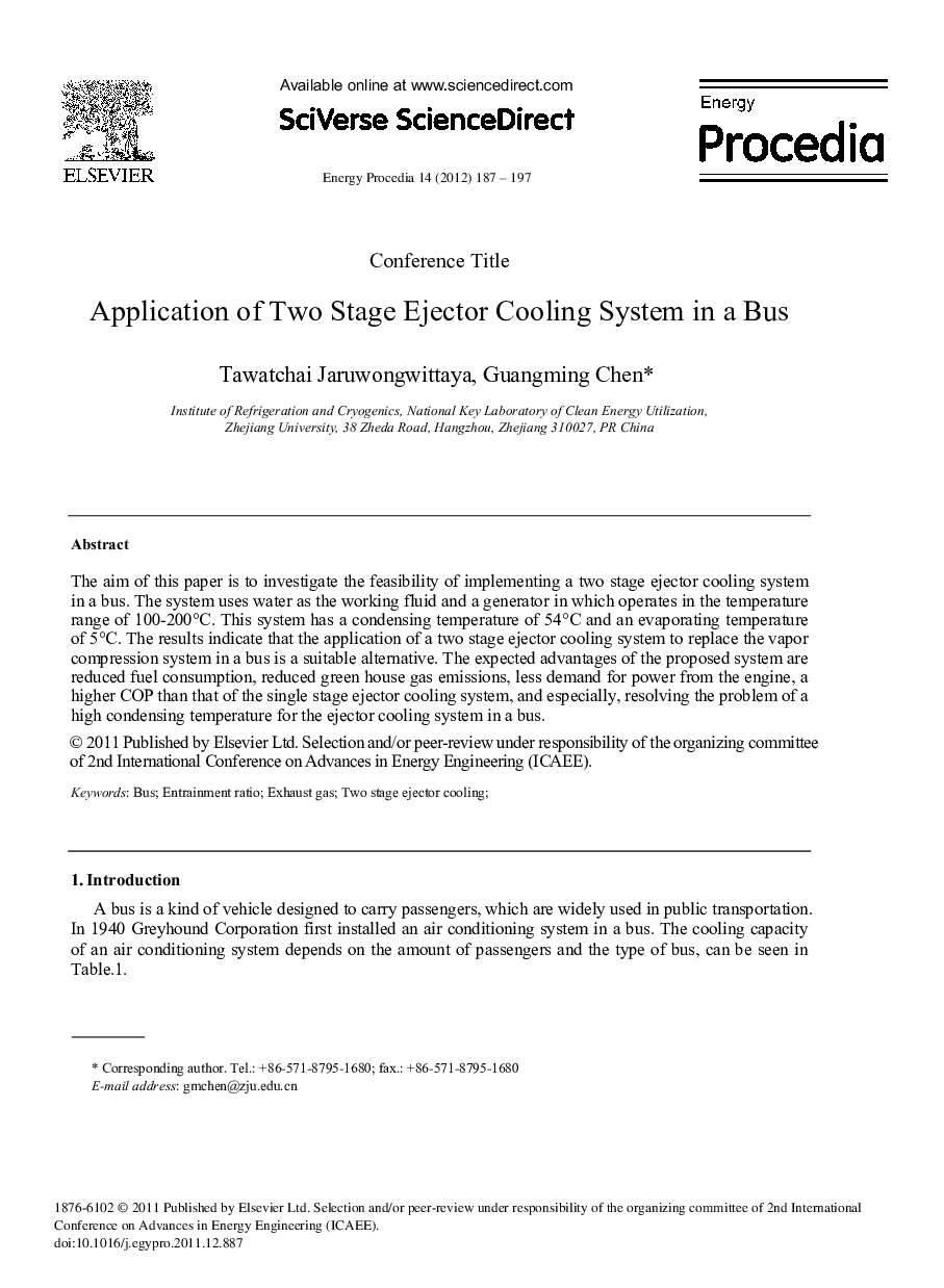 Application of Two Stage Ejector Cooling System in a Bus