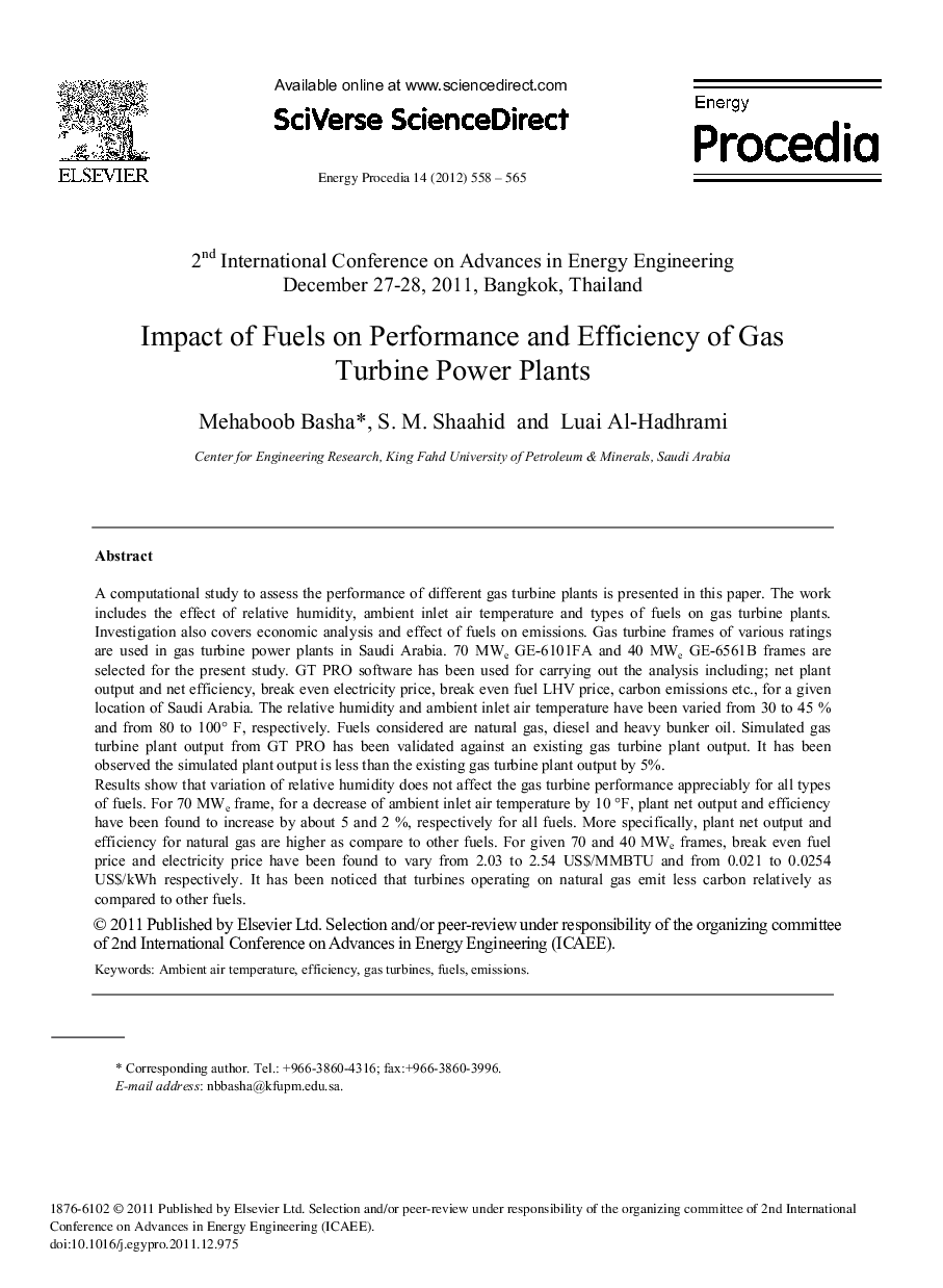 Impact of Fuels on Performance and Efficiency of Gas Turbine Power Plants