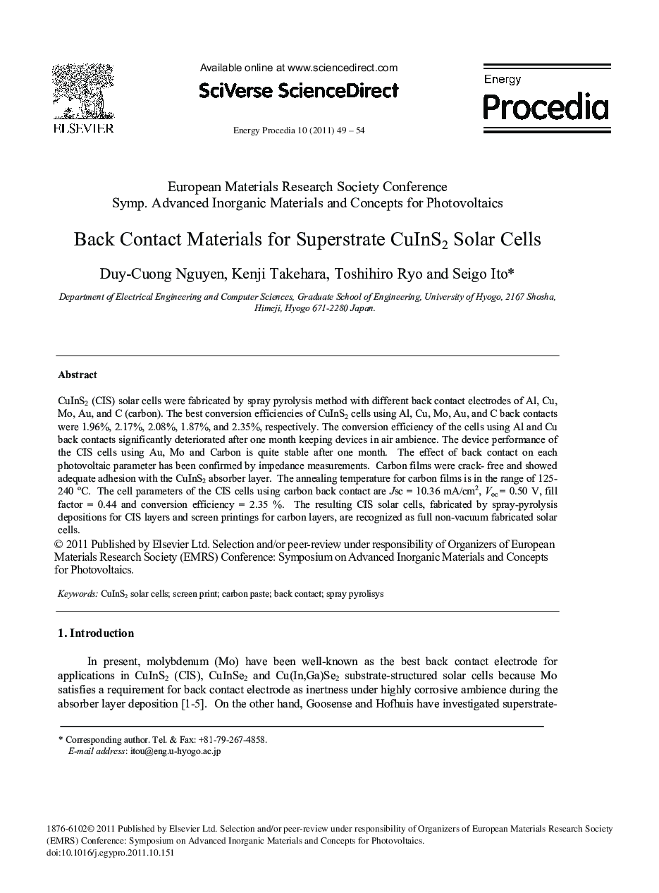 Back Contact Materials for Superstrate CuInS2 Solar Cells
