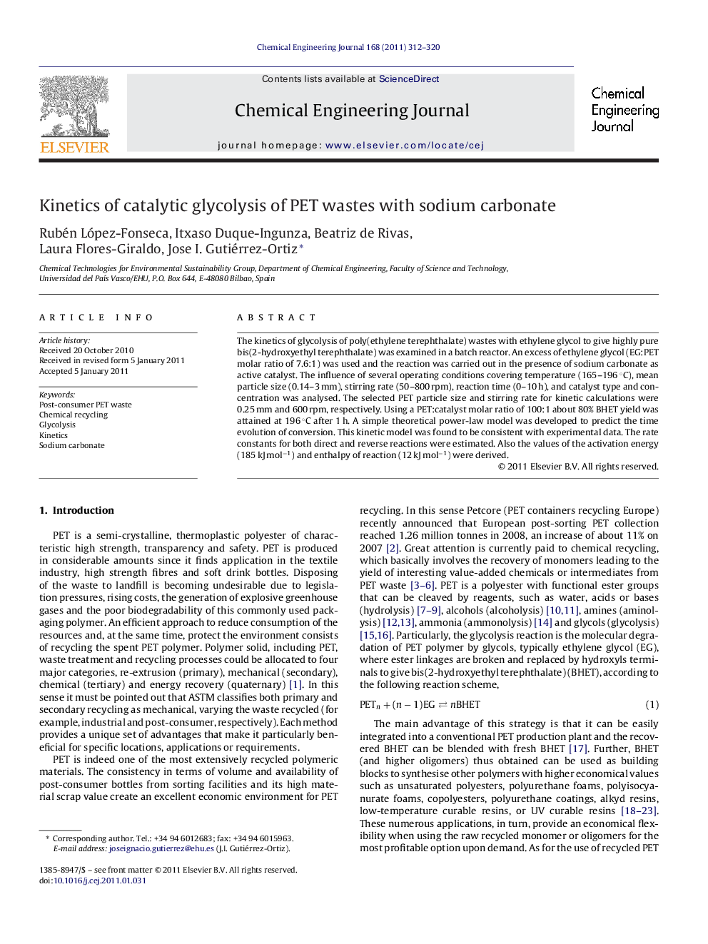 عکس صفحه اول مقاله: Kinetics of catalytic glycolysis of PET wastes with sodium carbonate Kinetics of catalytic glycolysis of PET wastes with sodium carbonate