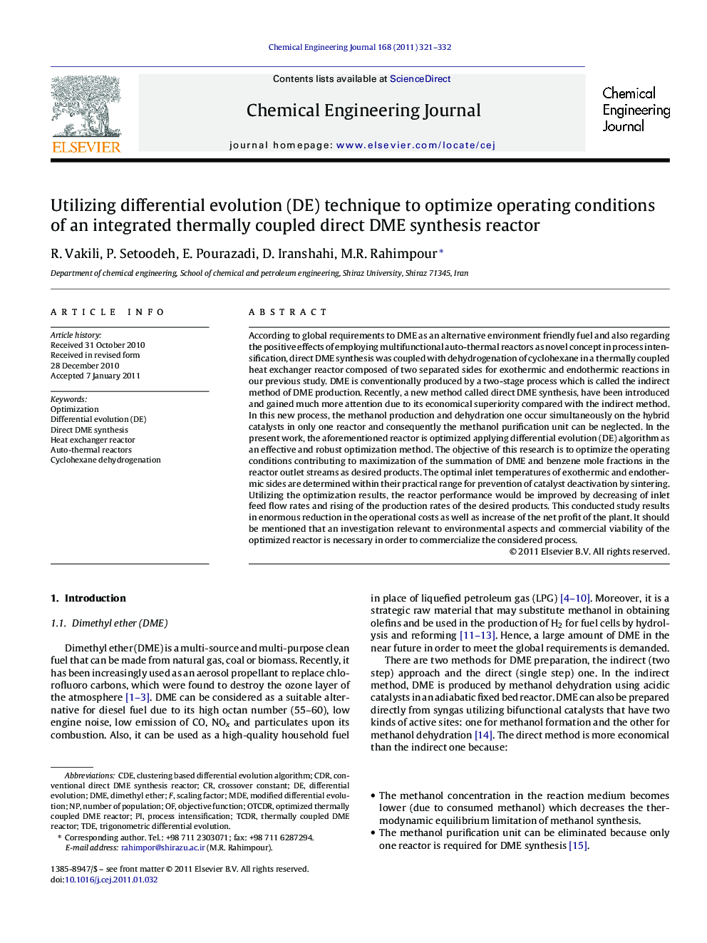 Utilizing differential evolution (DE) technique to optimize operating conditions of an integrated thermally coupled direct DME synthesis reactor