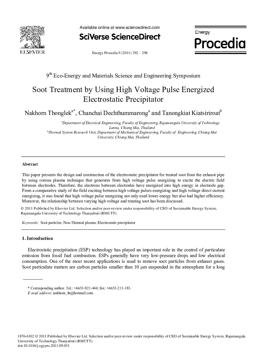 Soot Treatment by Using High Voltage Pulse Energized Electrostatic Precipitator