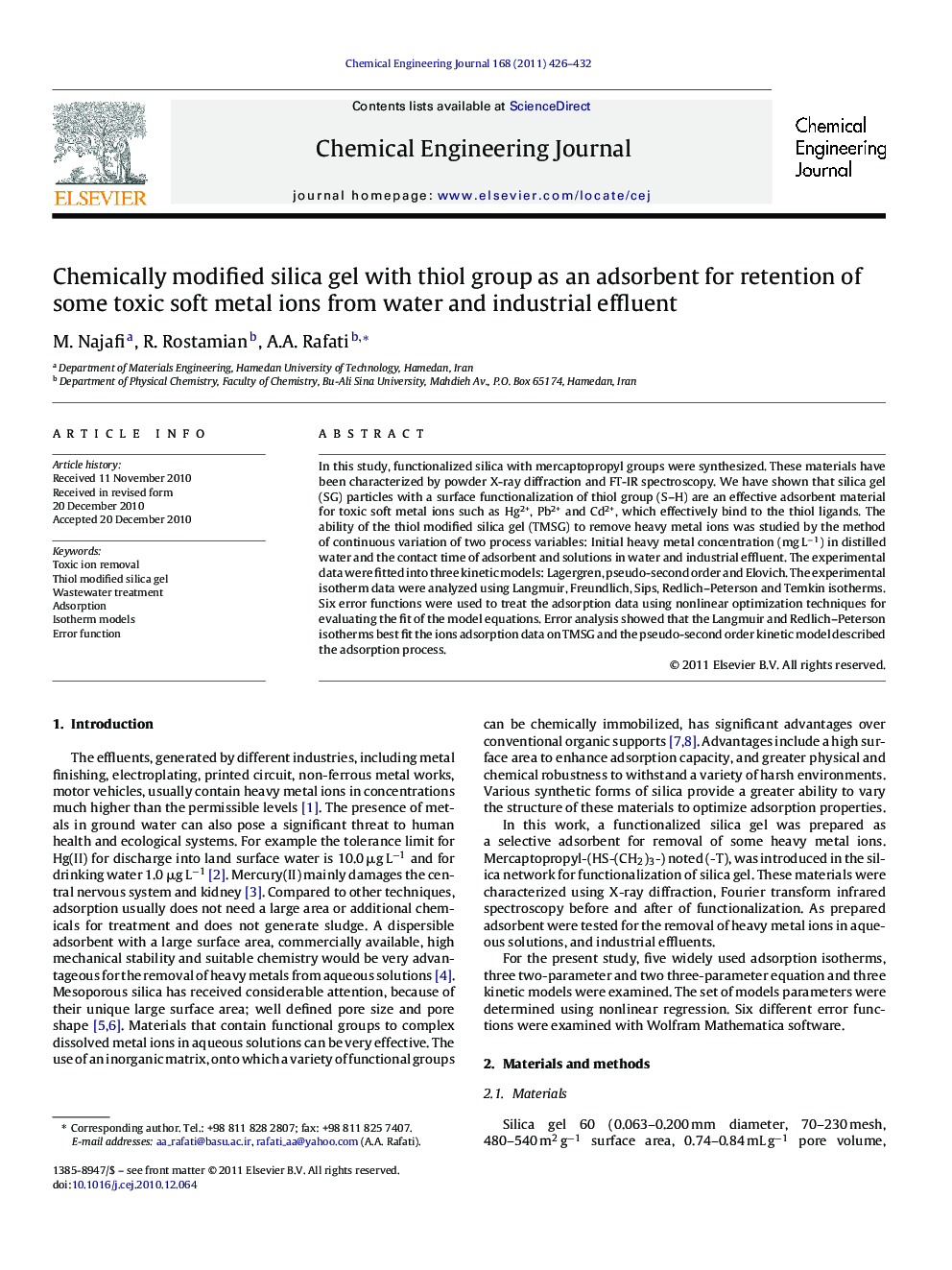 Chemically modified silica gel with thiol group as an adsorbent for retention of some toxic soft metal ions from water and industrial effluent